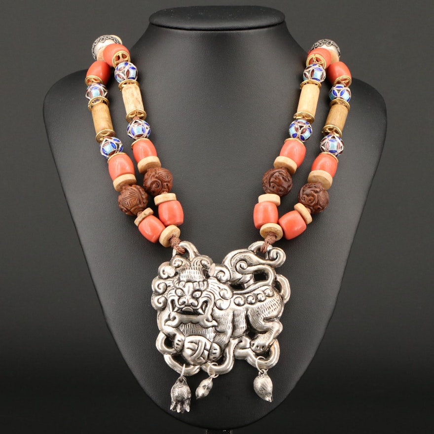 Asian Style Necklace Featuring Chased and Repousse'd Dragon Pendant