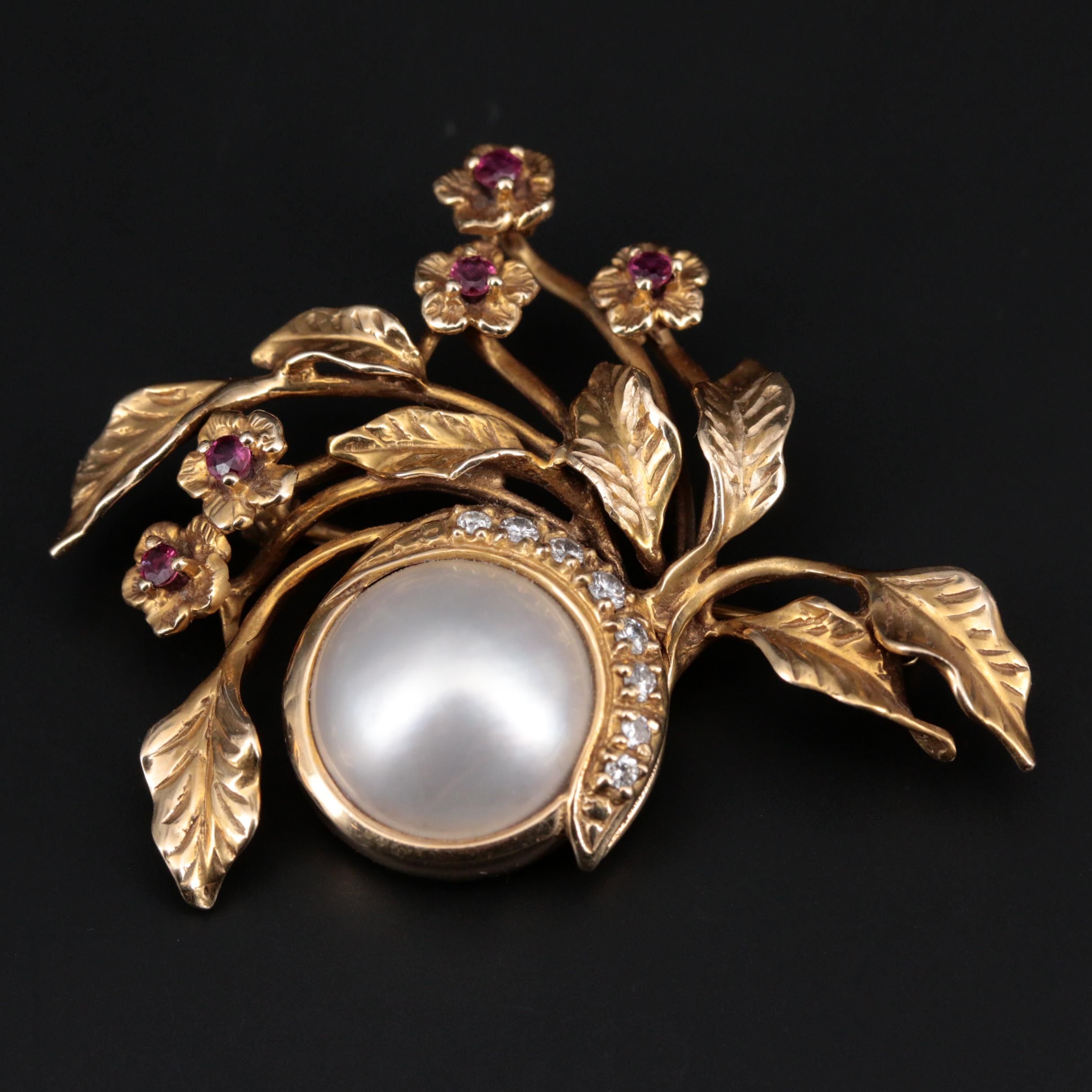 Vintage Givenchy Cultured Pearl, Diamond, and Ruby Floral Brooch