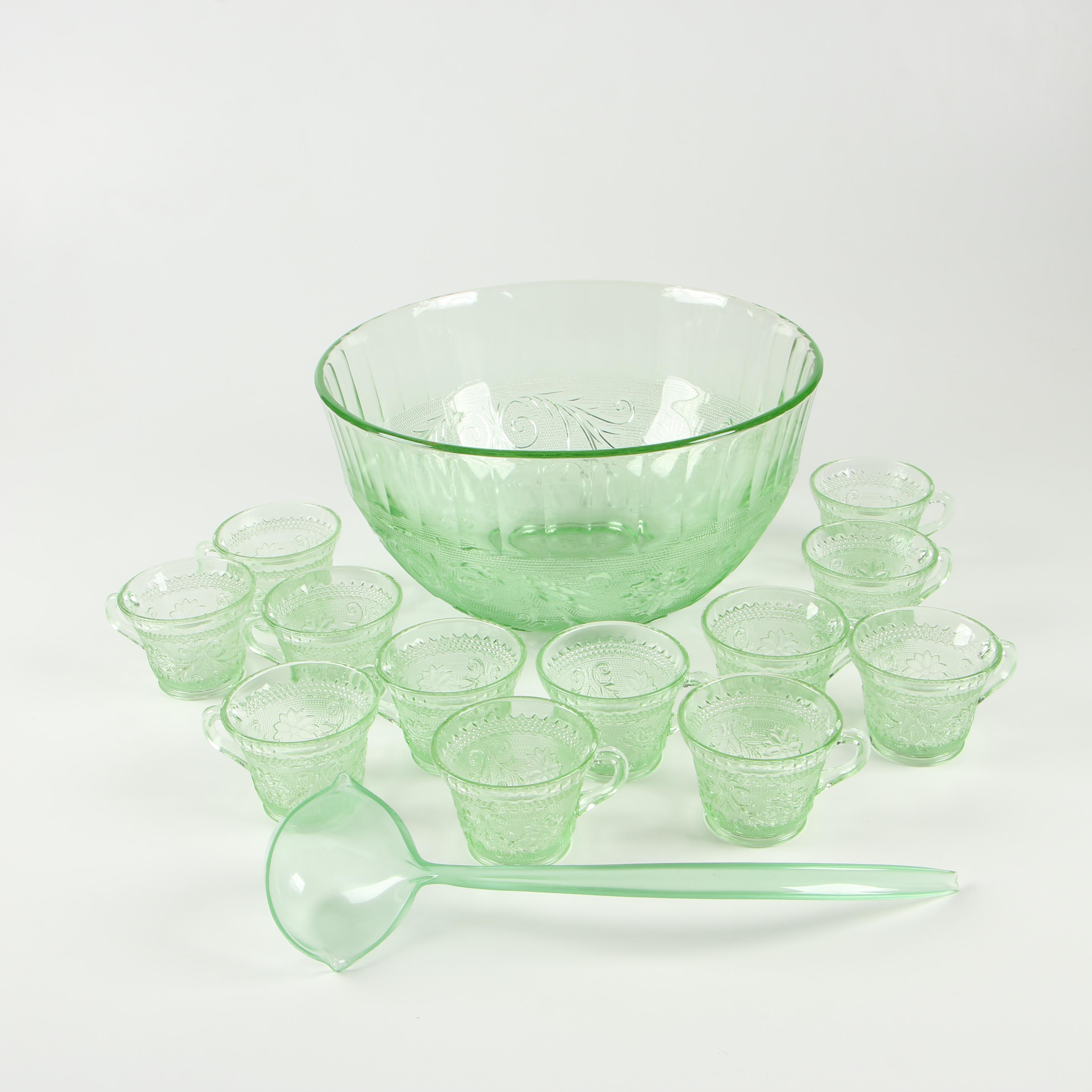 Tiara Chantilly Green Sandwich Glass Punch Bowl Set