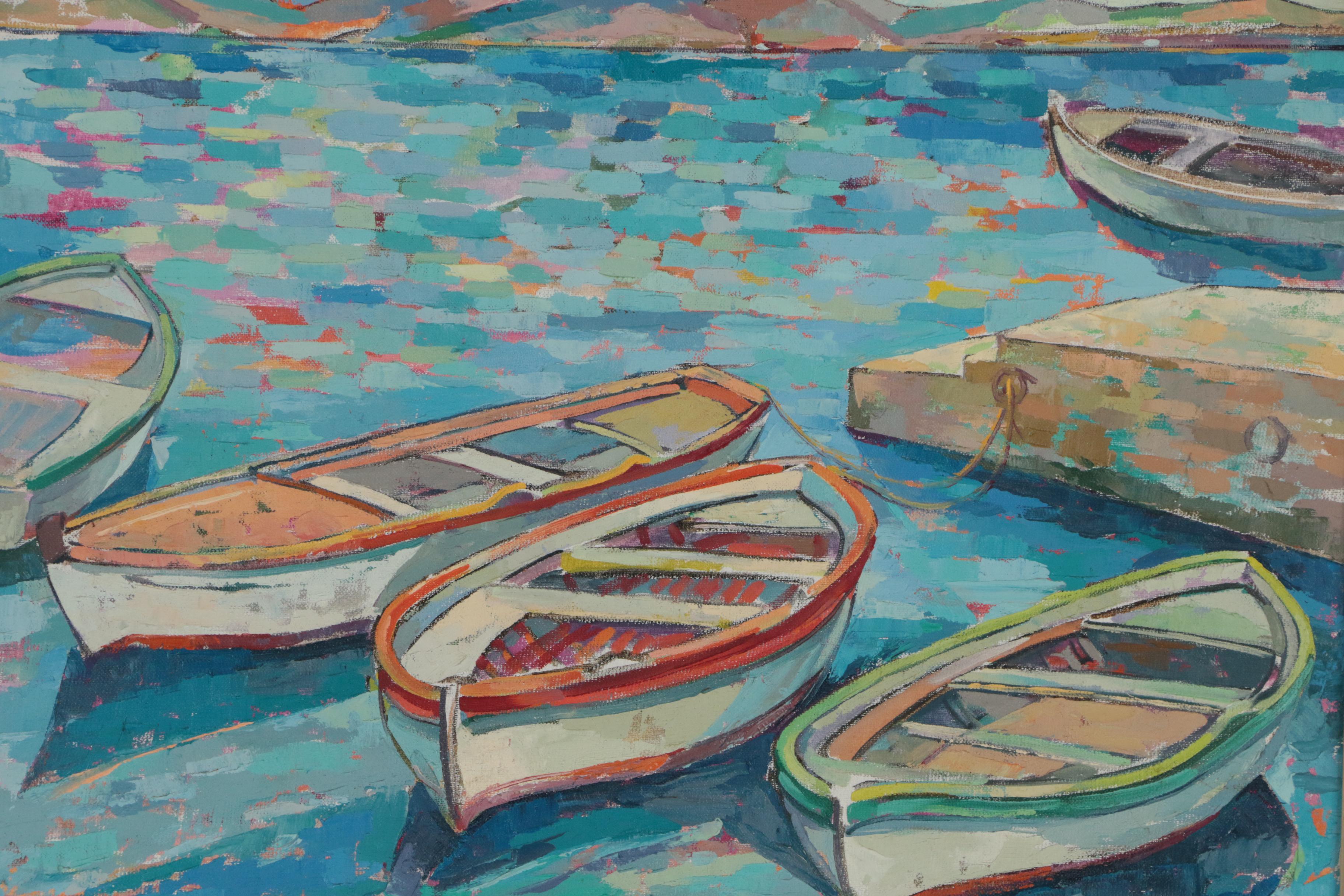 George Cermak Post-Impressionistic Oil Painting of Moored Rowboats