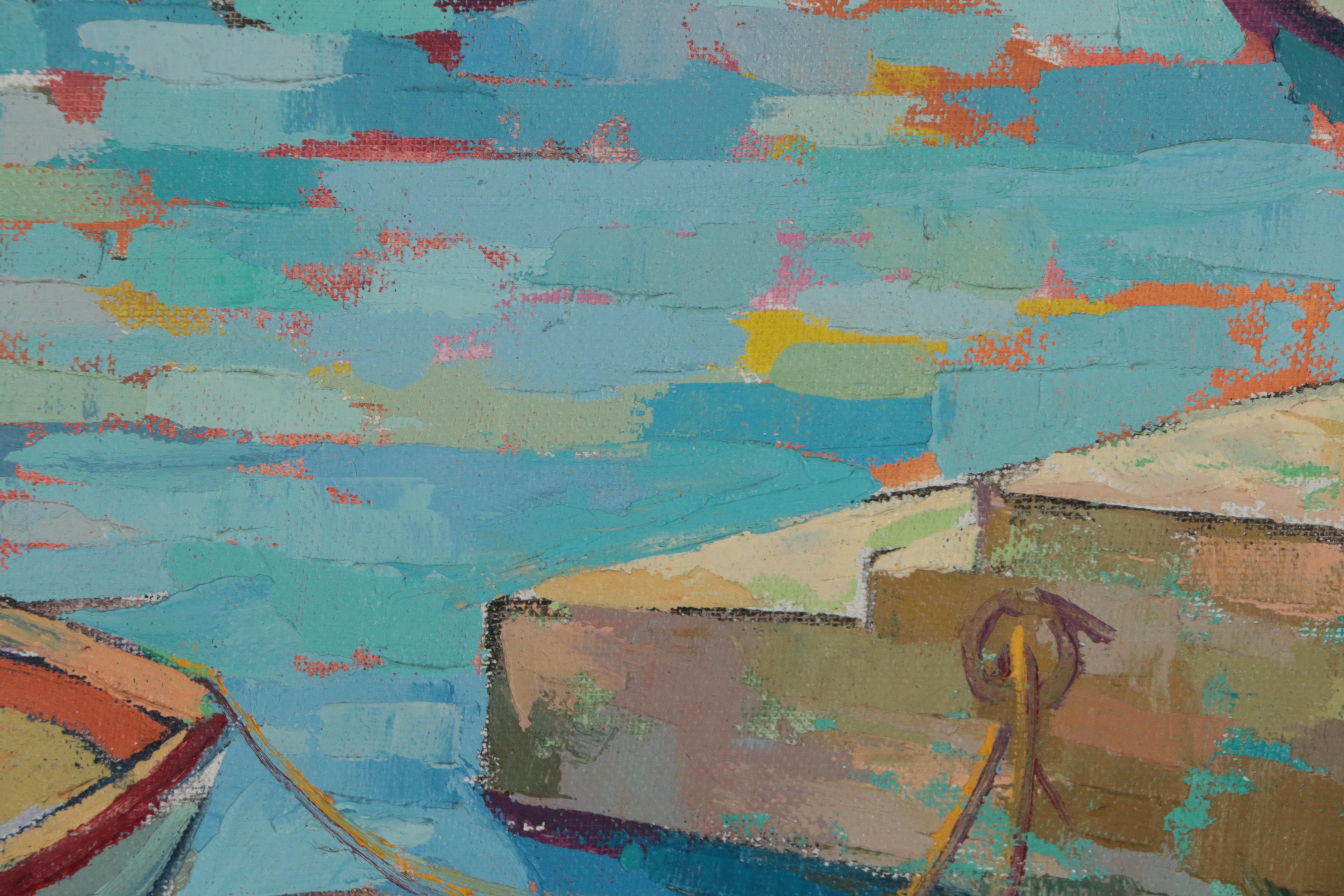 George Cermak Post-Impressionistic Oil Painting of Moored Rowboats
