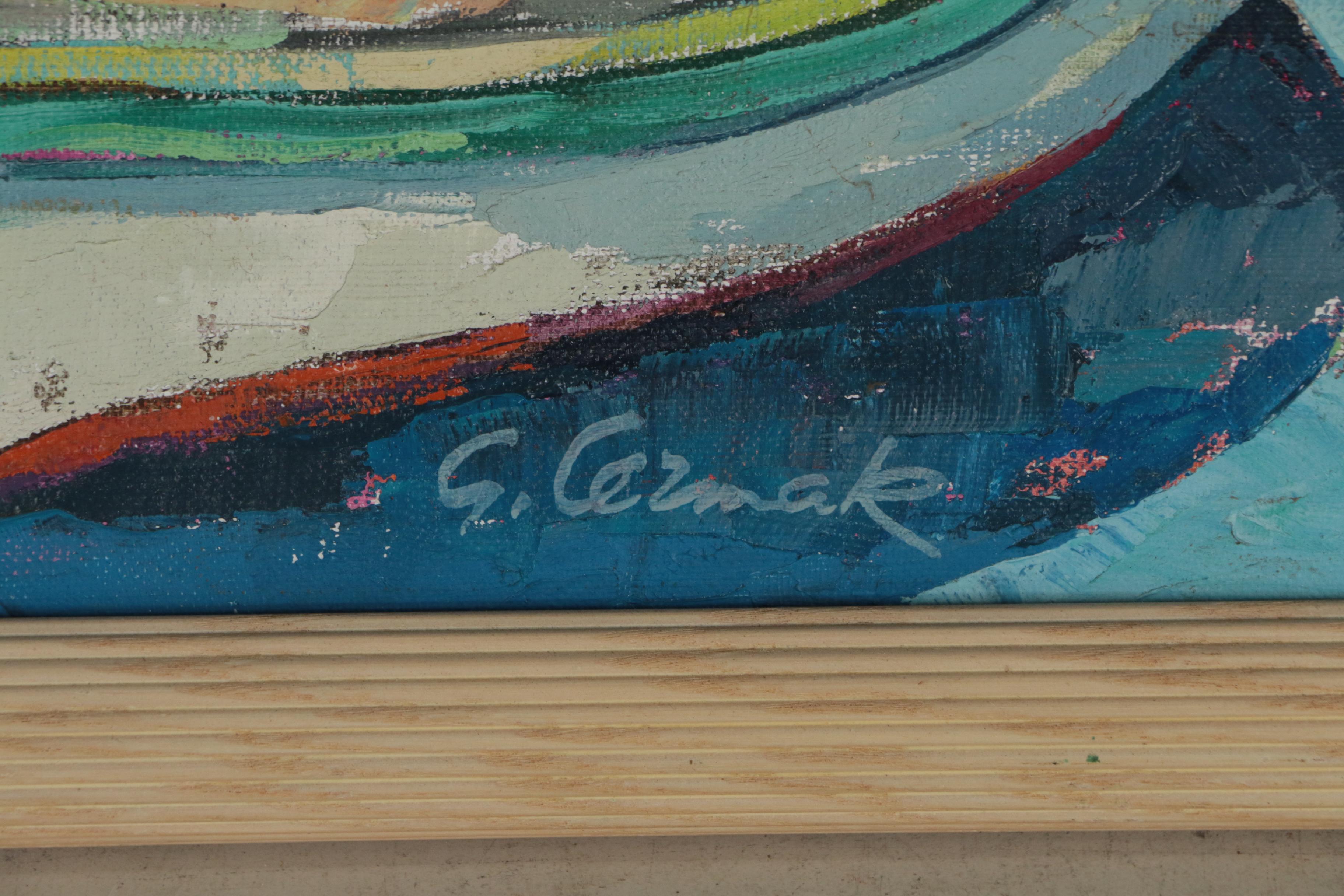 George Cermak Post-Impressionistic Oil Painting of Moored Rowboats