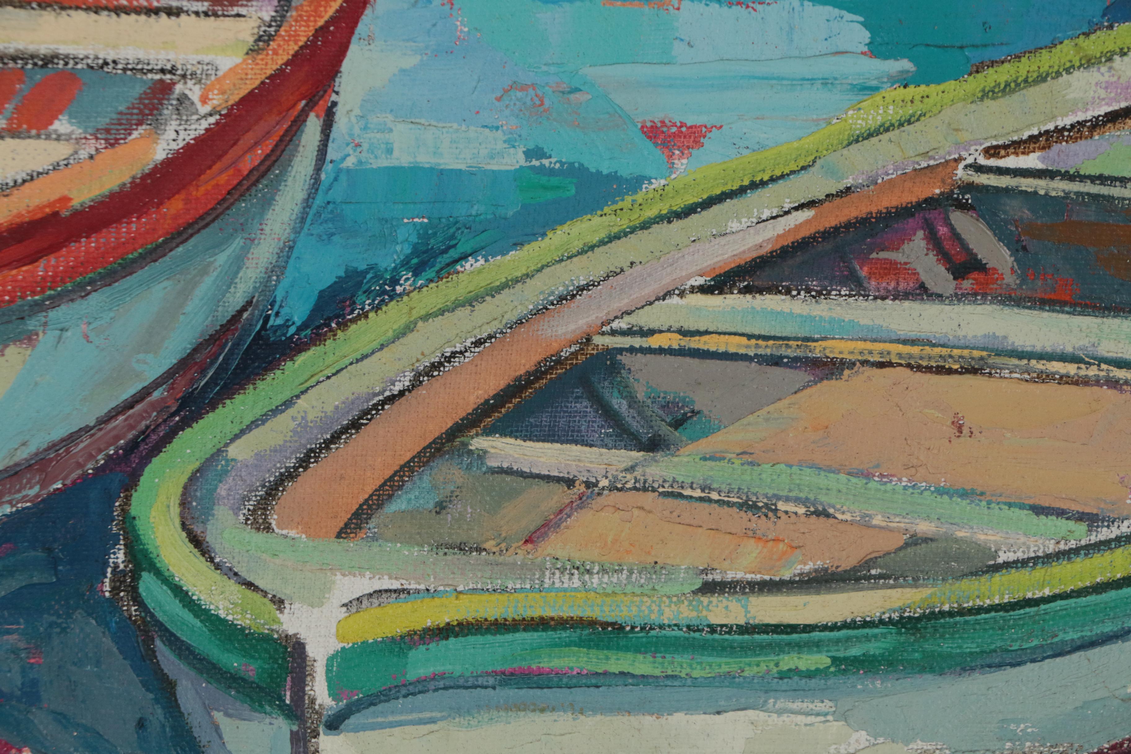 George Cermak Post-Impressionistic Oil Painting of Moored Rowboats