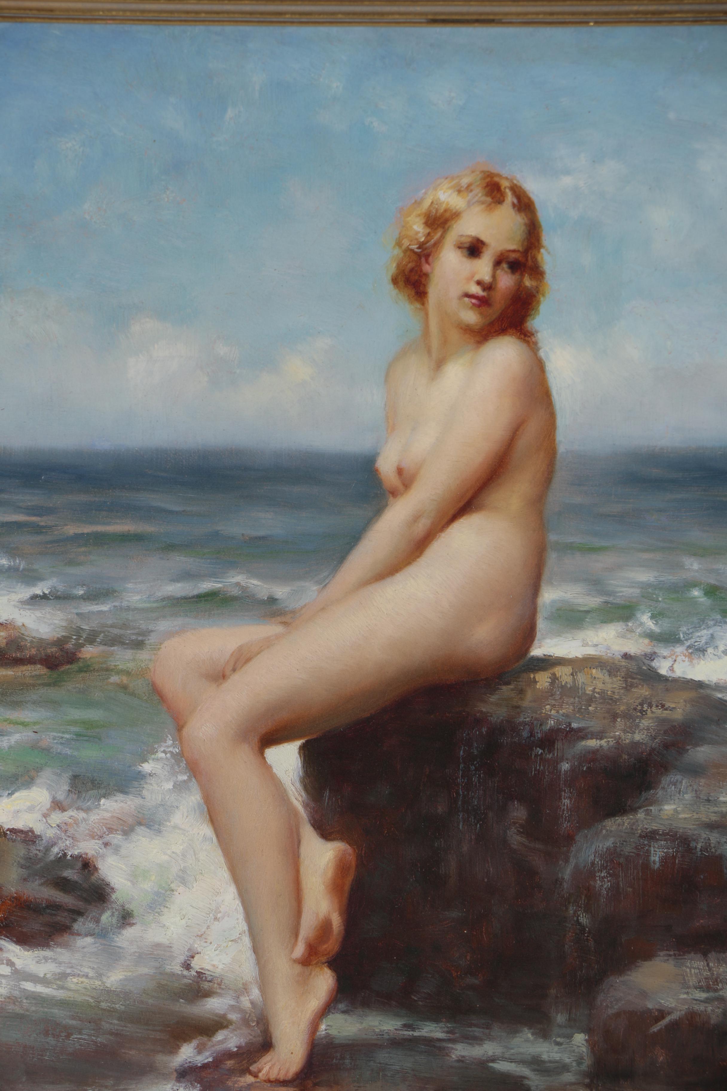 Joseph Tomanek Oil Painting of Seated Female Nude at Rocky Shore