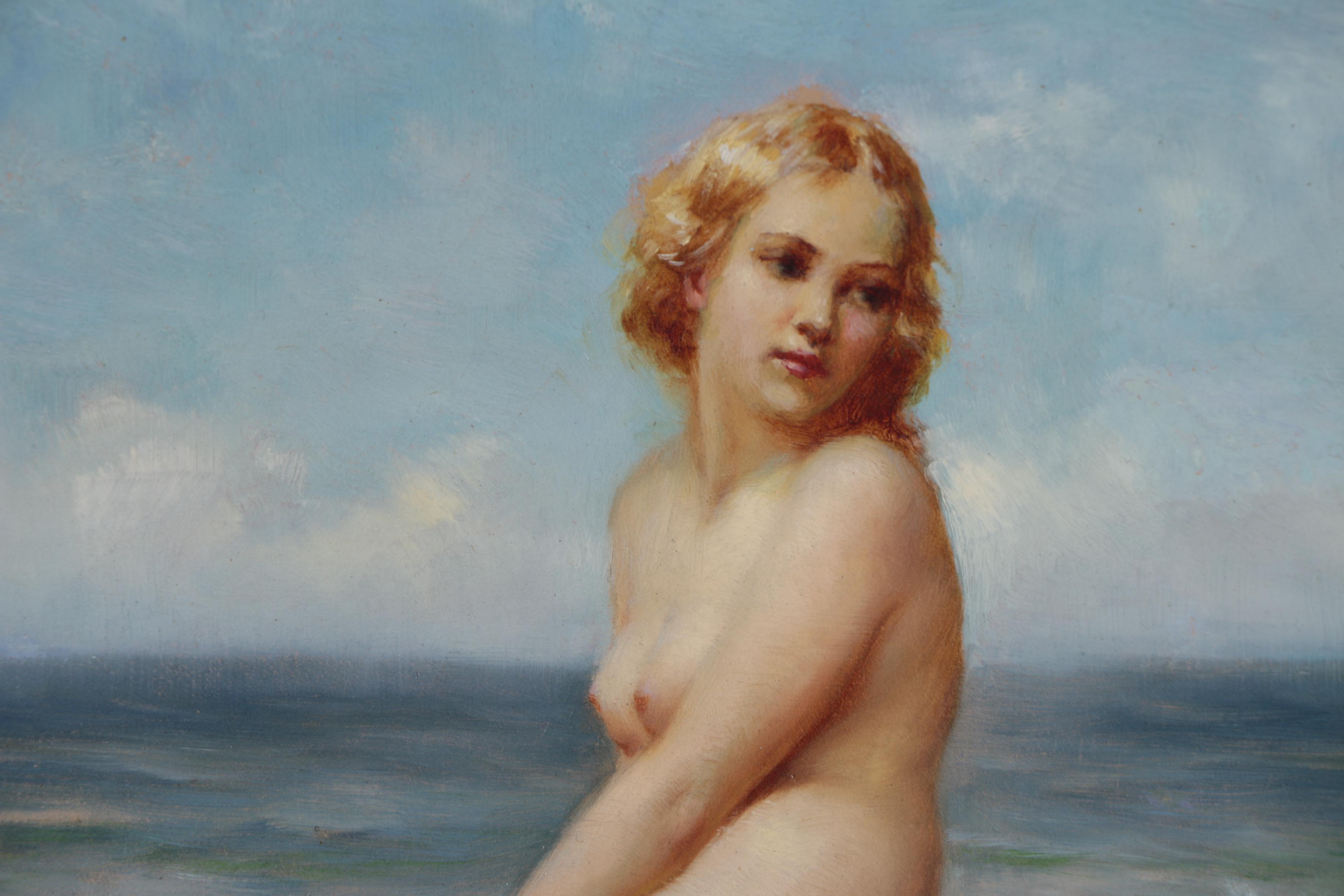 Joseph Tomanek Oil Painting of Seated Female Nude at Rocky Shore