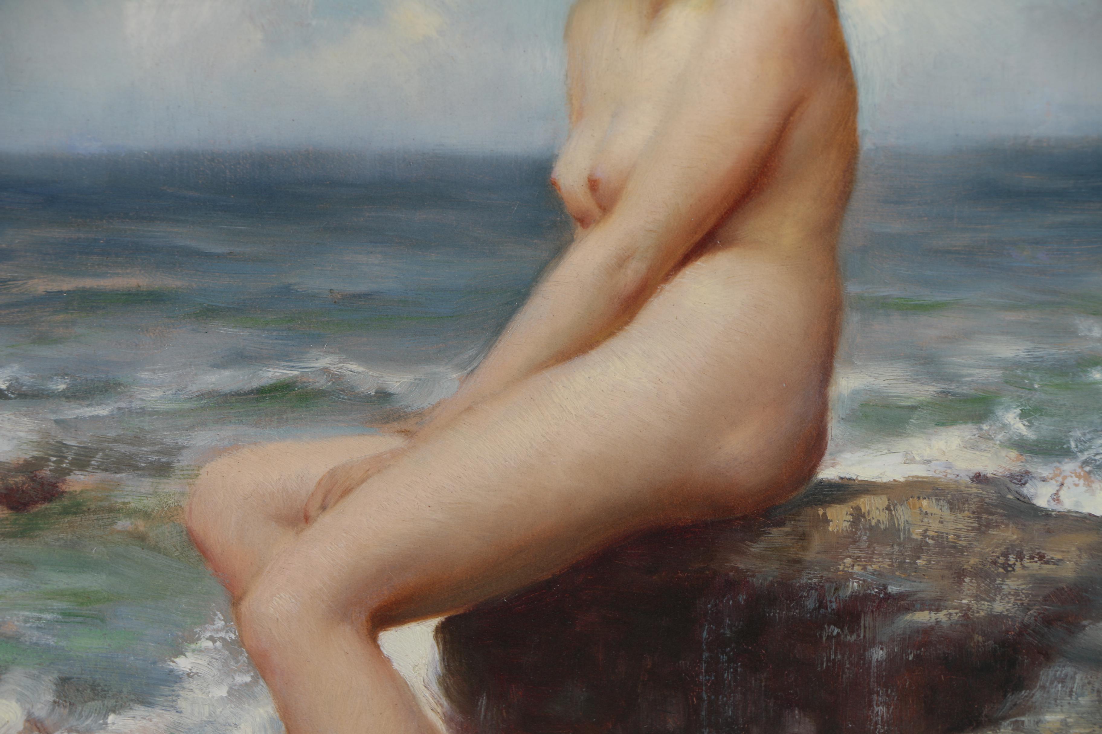 Joseph Tomanek Oil Painting of Seated Female Nude at Rocky Shore