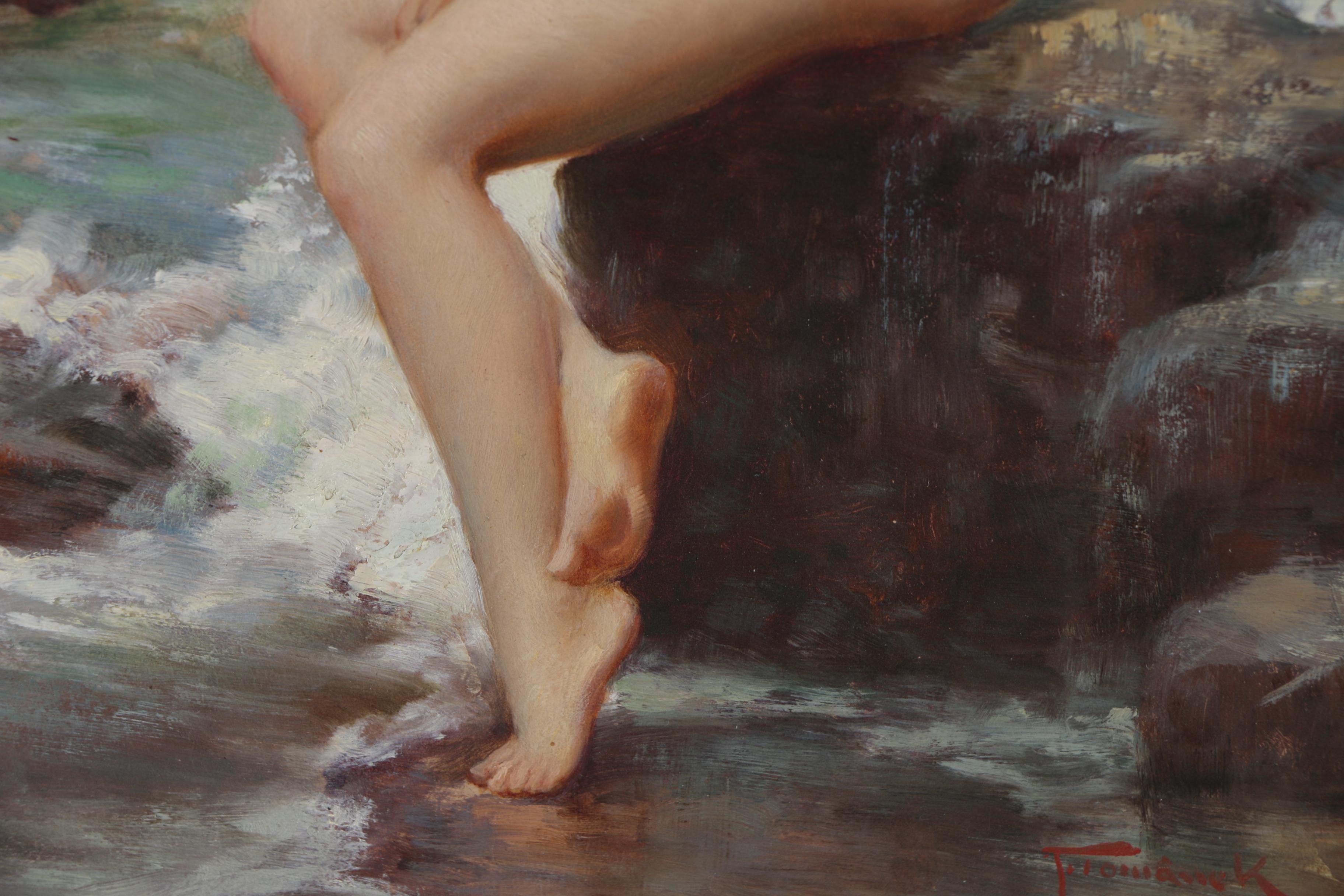 Joseph Tomanek Oil Painting of Seated Female Nude at Rocky Shore