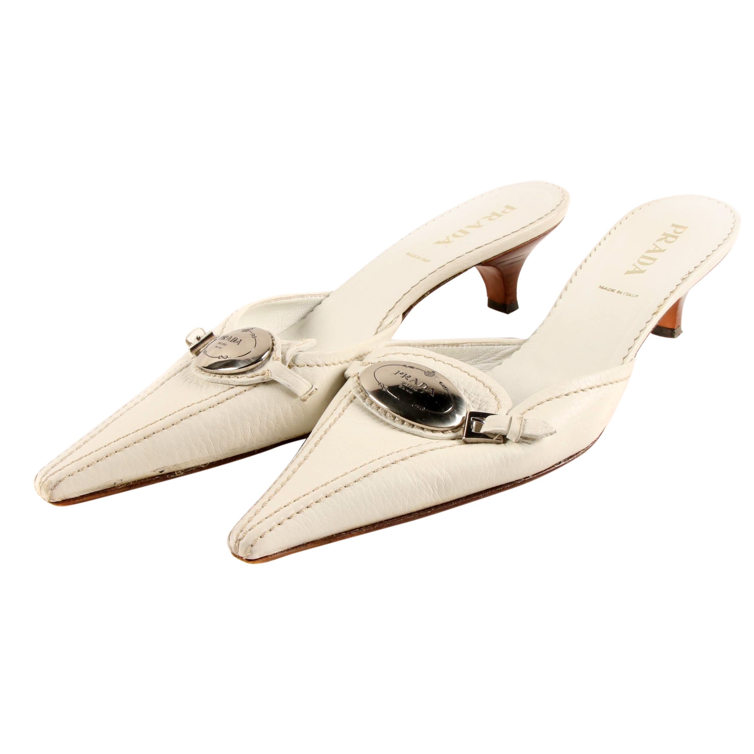 Prada Daino Snip Toe Mules in White Deerskin Leather