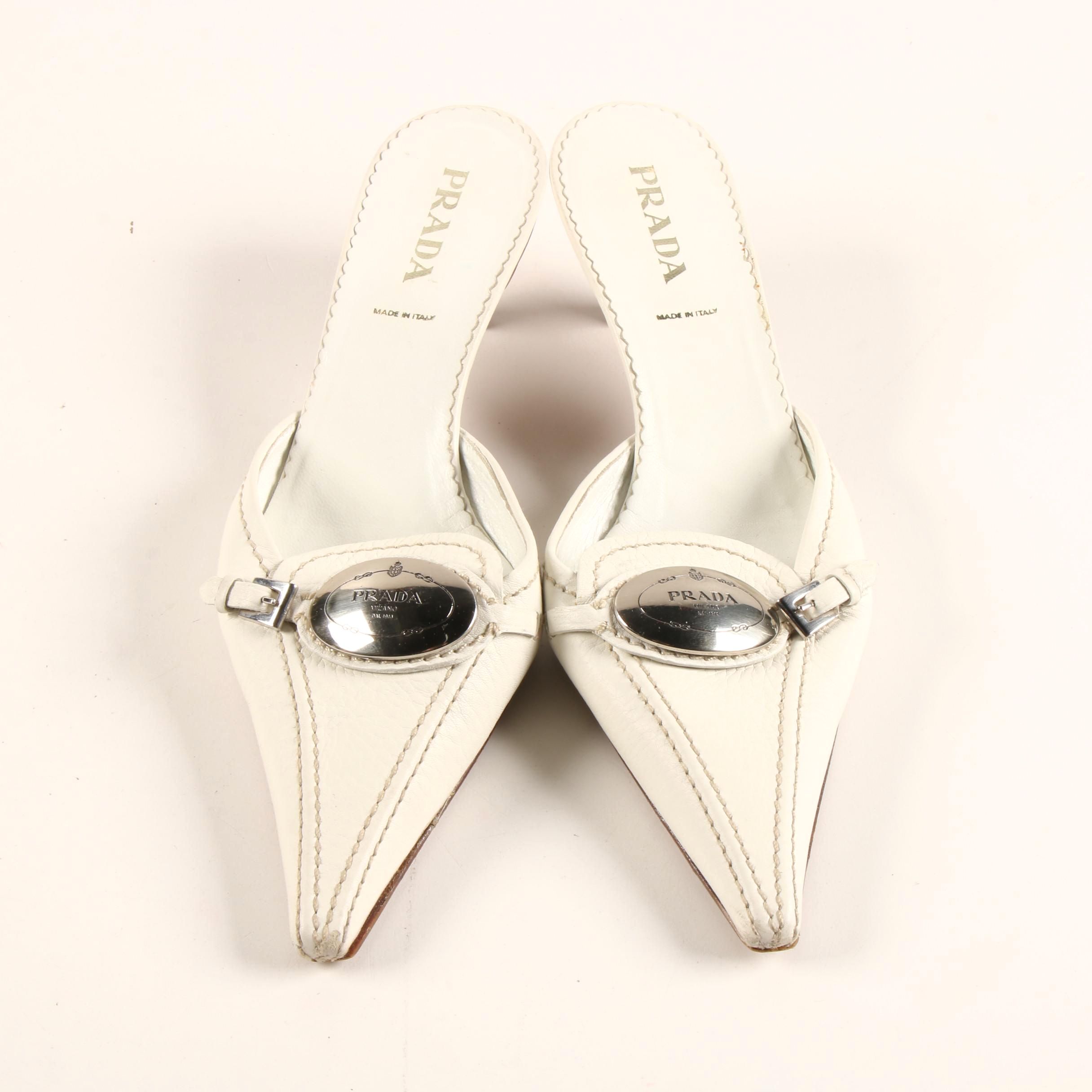Prada Daino Snip Toe Mules in White Deerskin Leather
