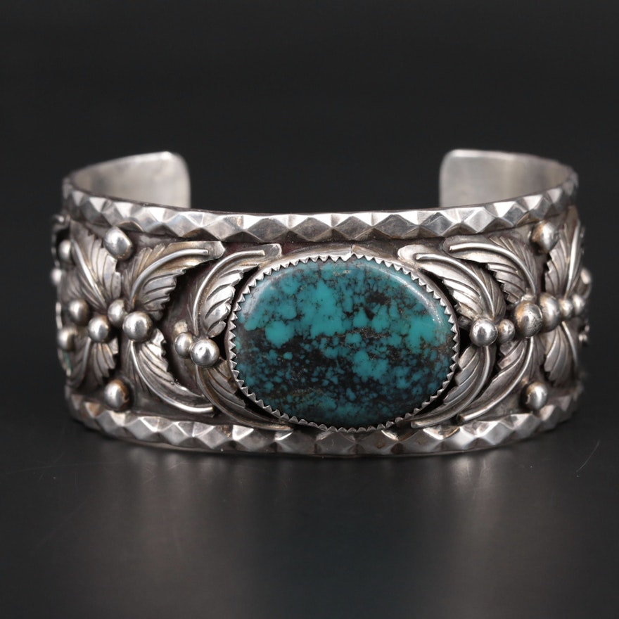 Southwestern Style Sterling Silver Chrysocolla Cuff Bracelet with Applique Work
