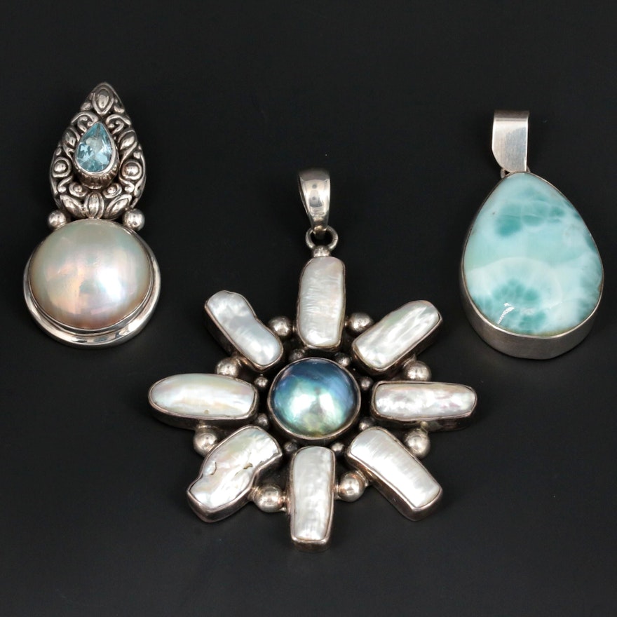 Sterling Silver Larimar, Blue Topaz and Cultured Pearl Pendants