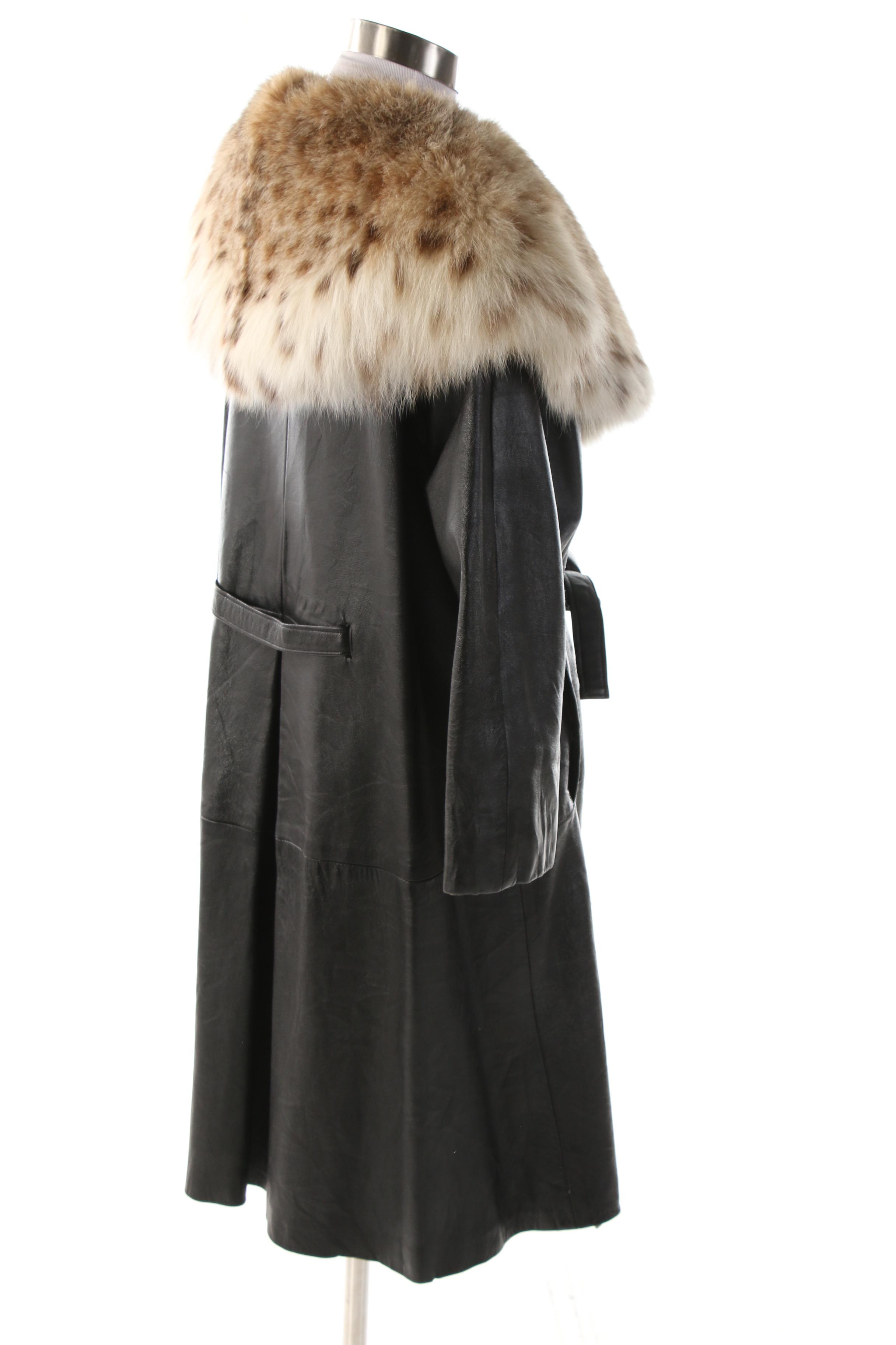 Black Leather Wrap Coat with Canadian Lynx Fur Shawl Collar, Vintage