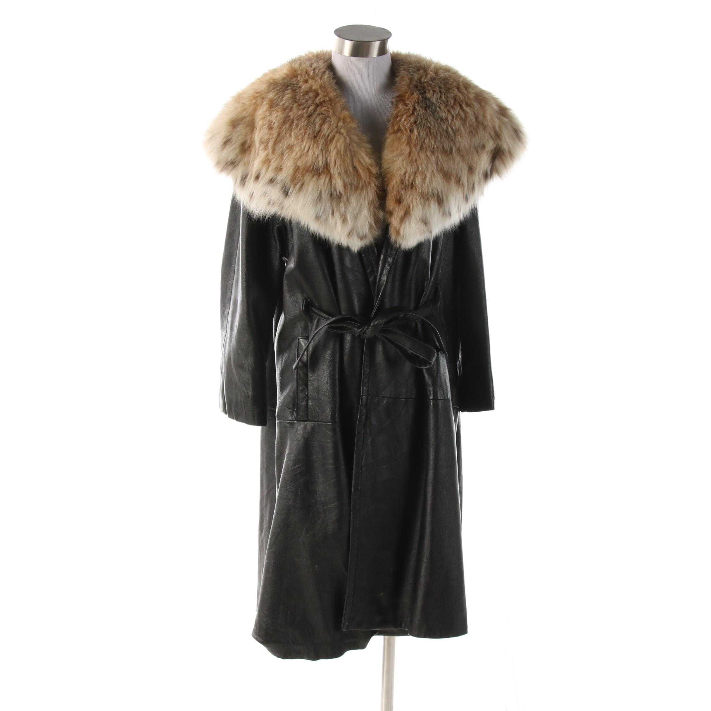 Black Leather Wrap Coat with Canadian Lynx Fur Shawl Collar, Vintage