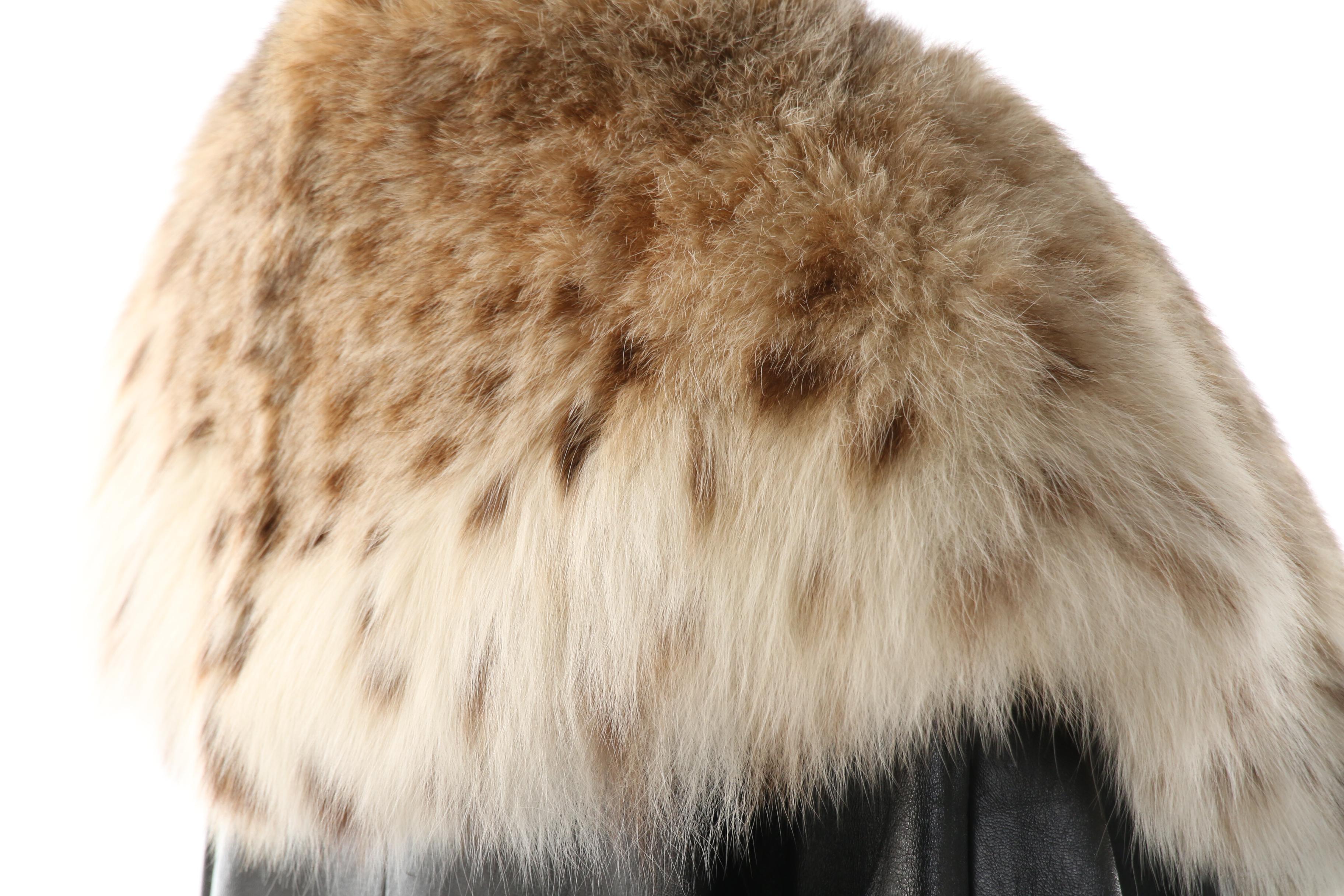 Black Leather Wrap Coat with Canadian Lynx Fur Shawl Collar, Vintage