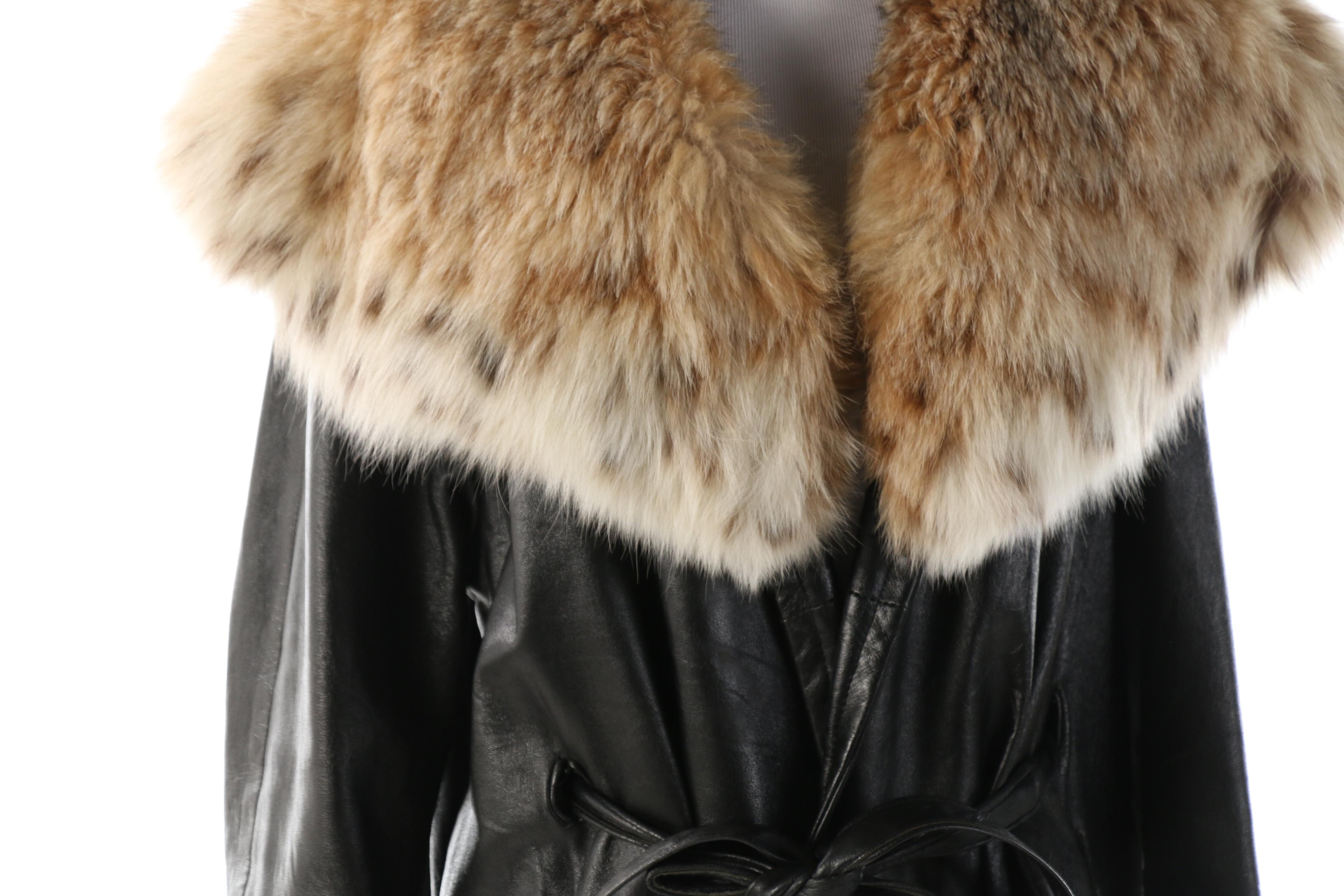 Black Leather Wrap Coat with Canadian Lynx Fur Shawl Collar, Vintage