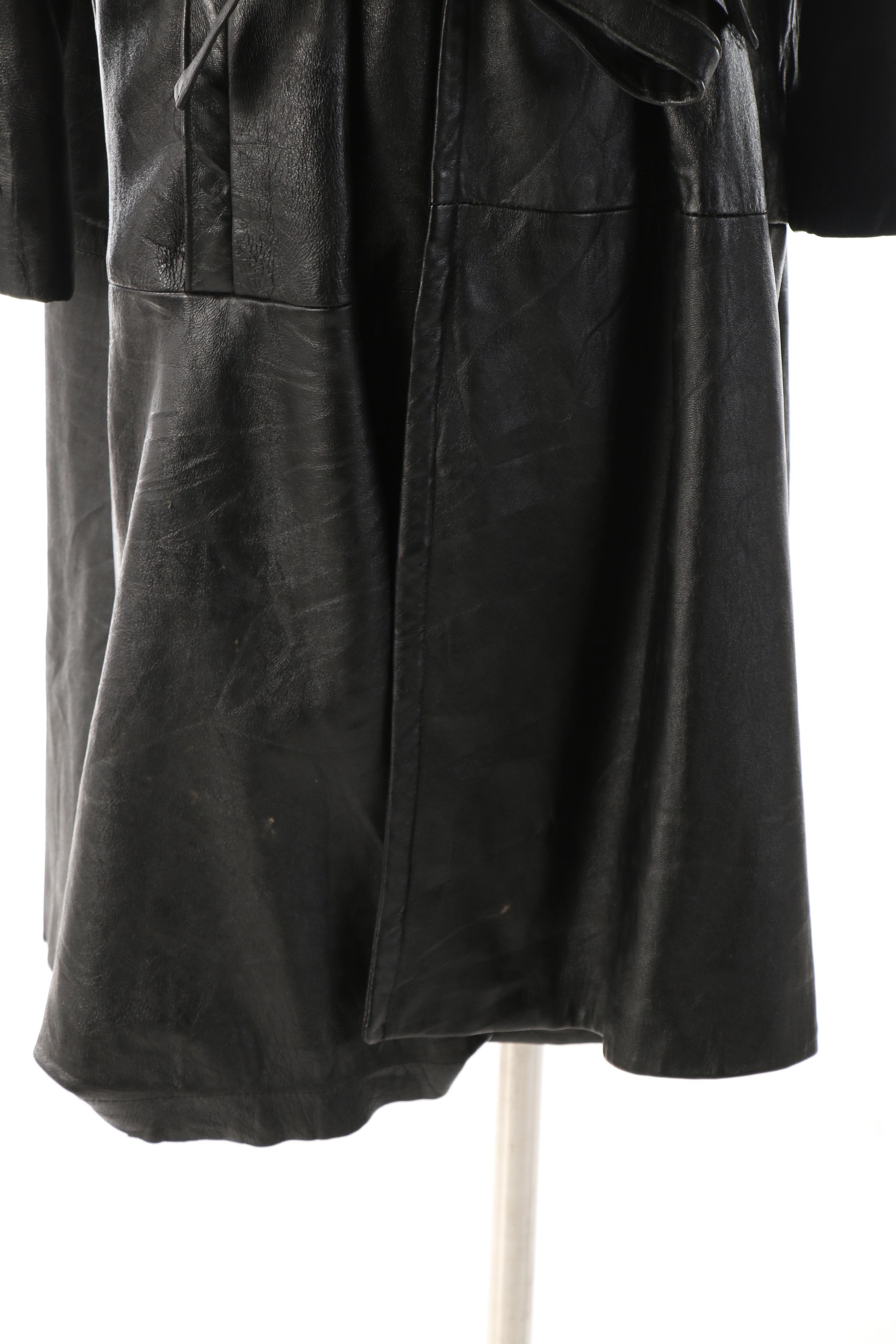 Black Leather Wrap Coat with Canadian Lynx Fur Shawl Collar, Vintage