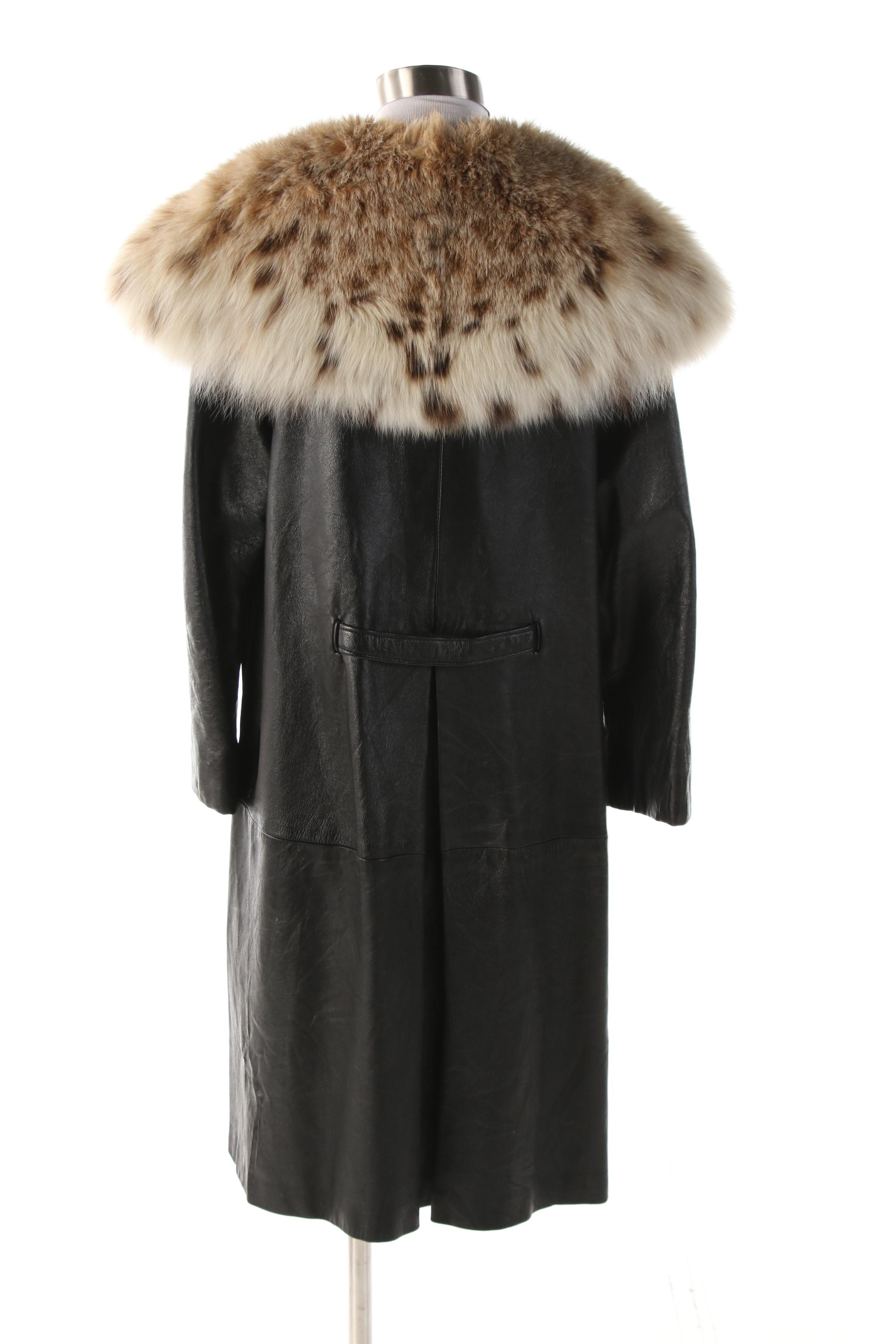 Black Leather Wrap Coat with Canadian Lynx Fur Shawl Collar, Vintage