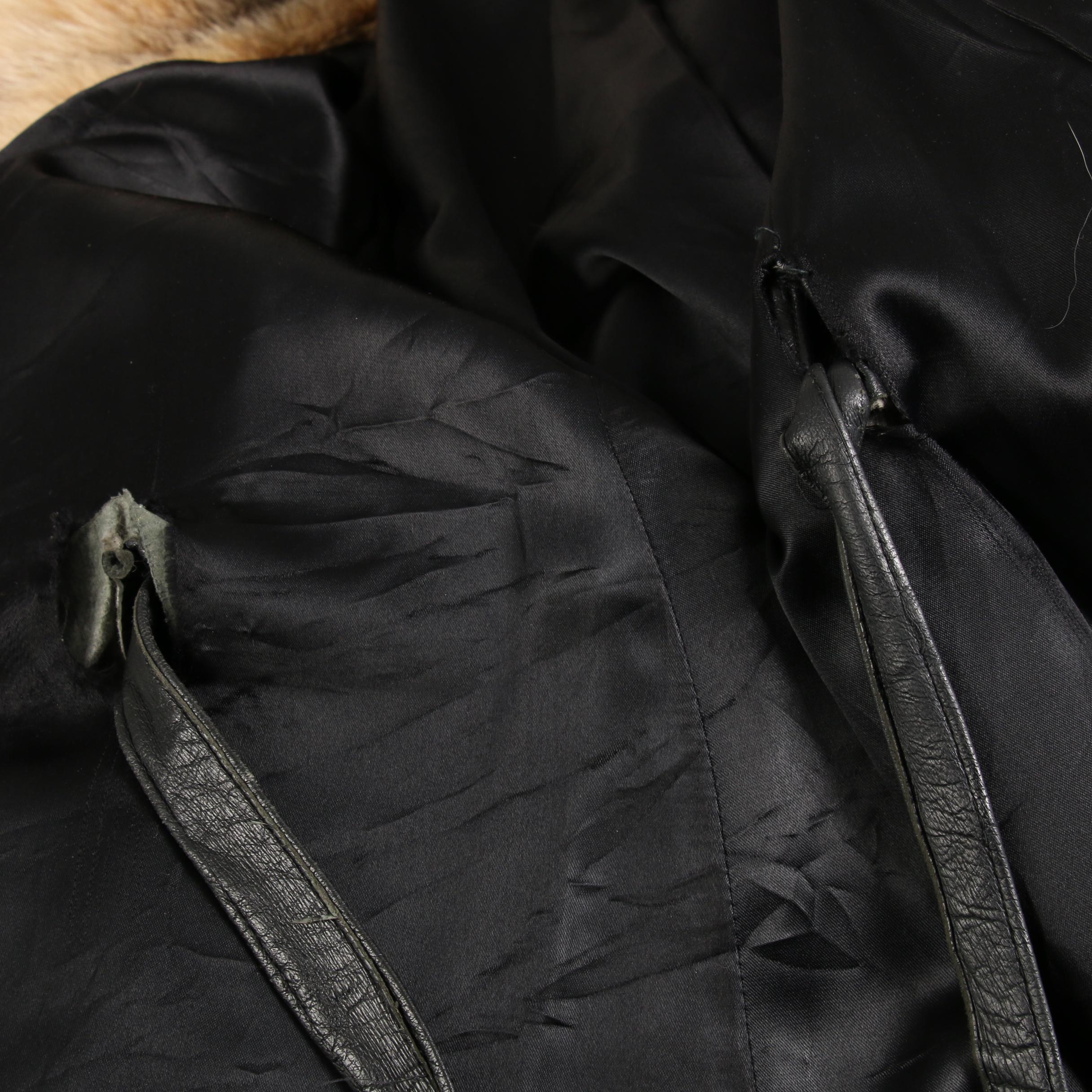 Black Leather Wrap Coat with Canadian Lynx Fur Shawl Collar, Vintage