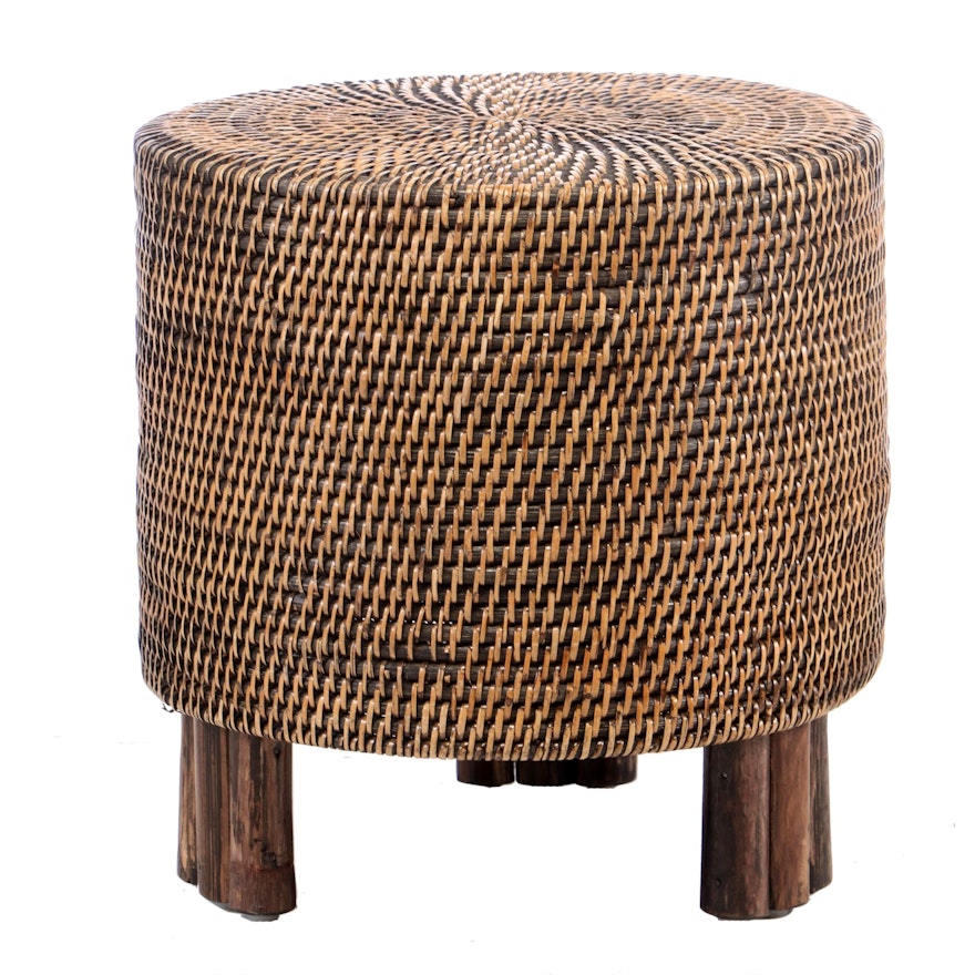 Contemporary Wicker-over-Wood Cylindrical Stool