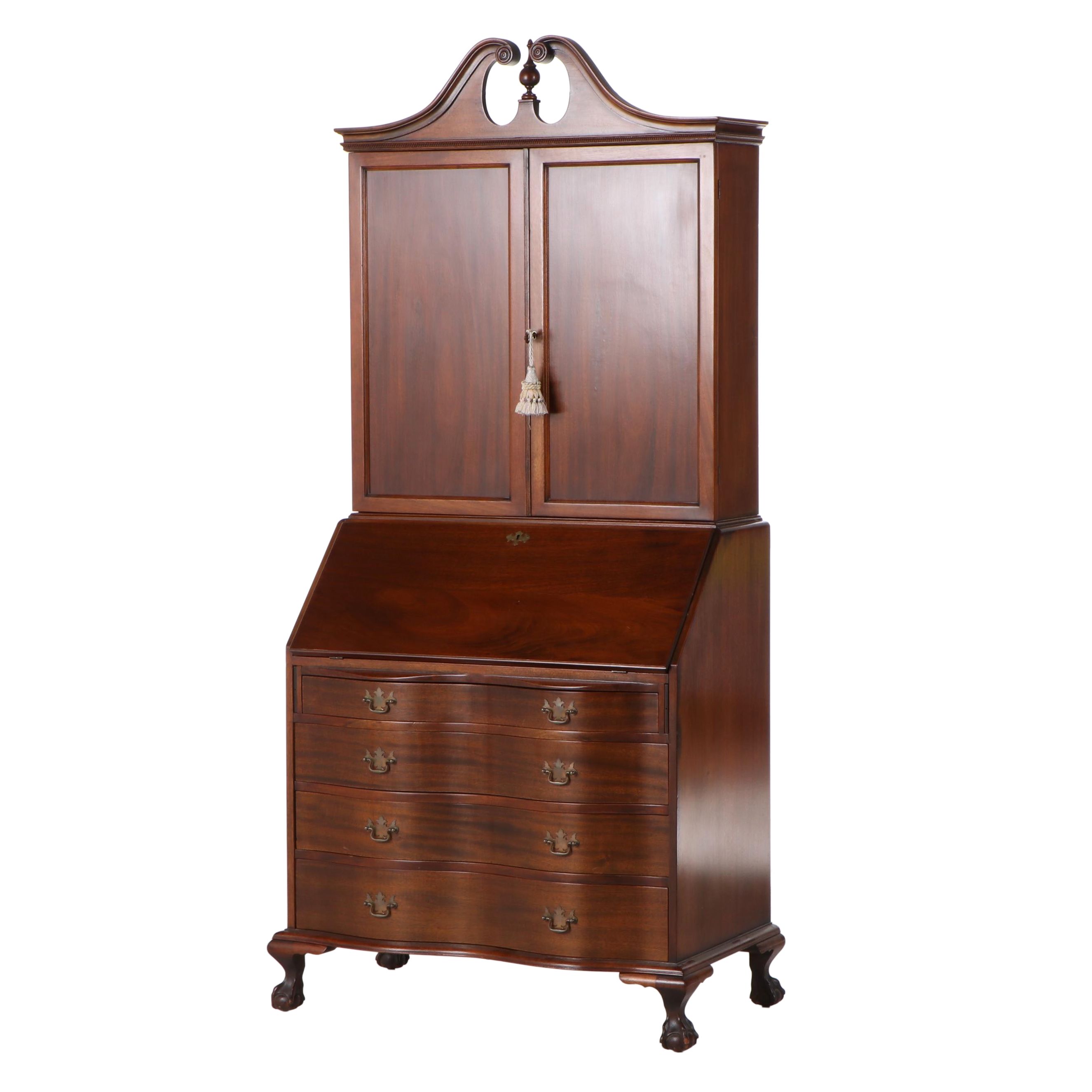 Colonial Mfg Co., Chippendale Style Mahogany Serpentine-Front Secretary Bookcase