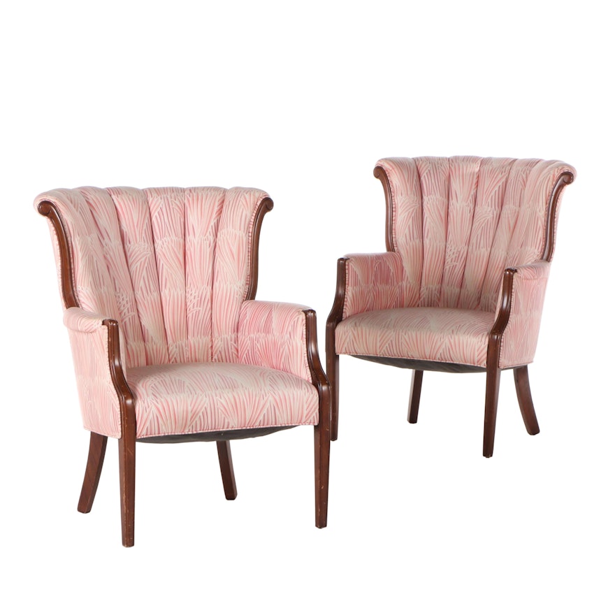 Pair of Cherry-Stained Channel-Back Armchairs, Mid-20th Century