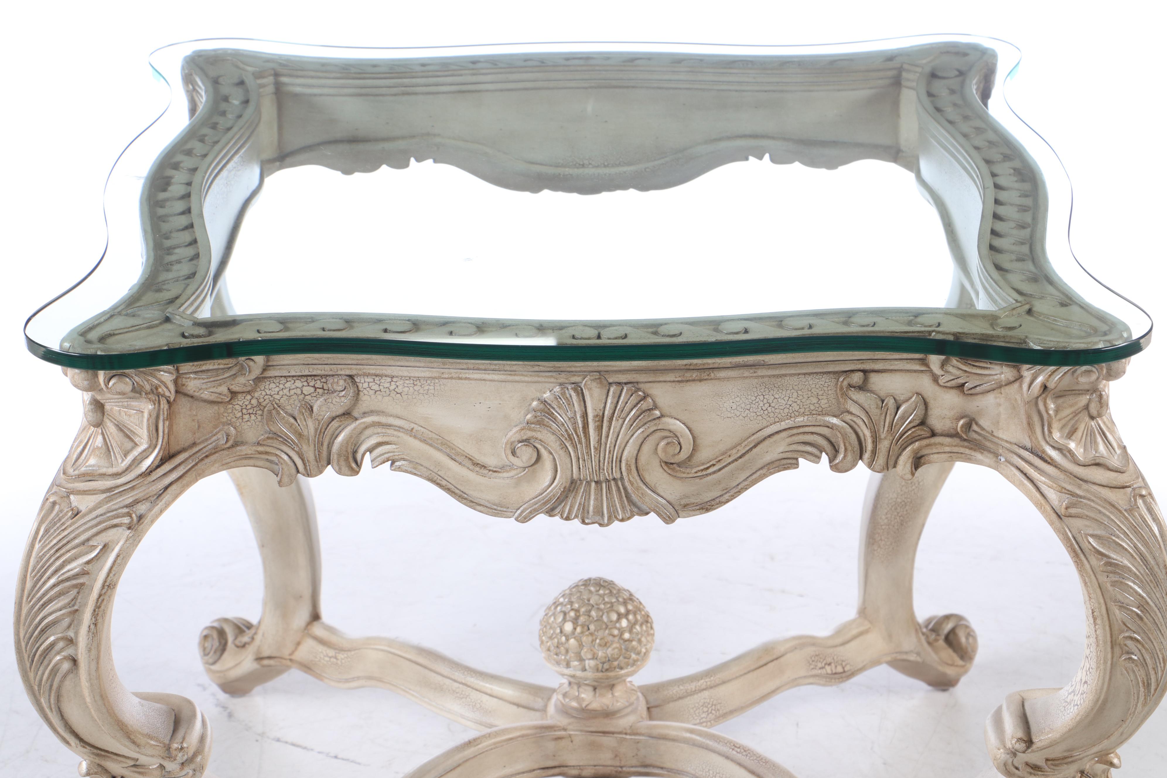 Rococo Style End Table with Glass Top, Contemporary