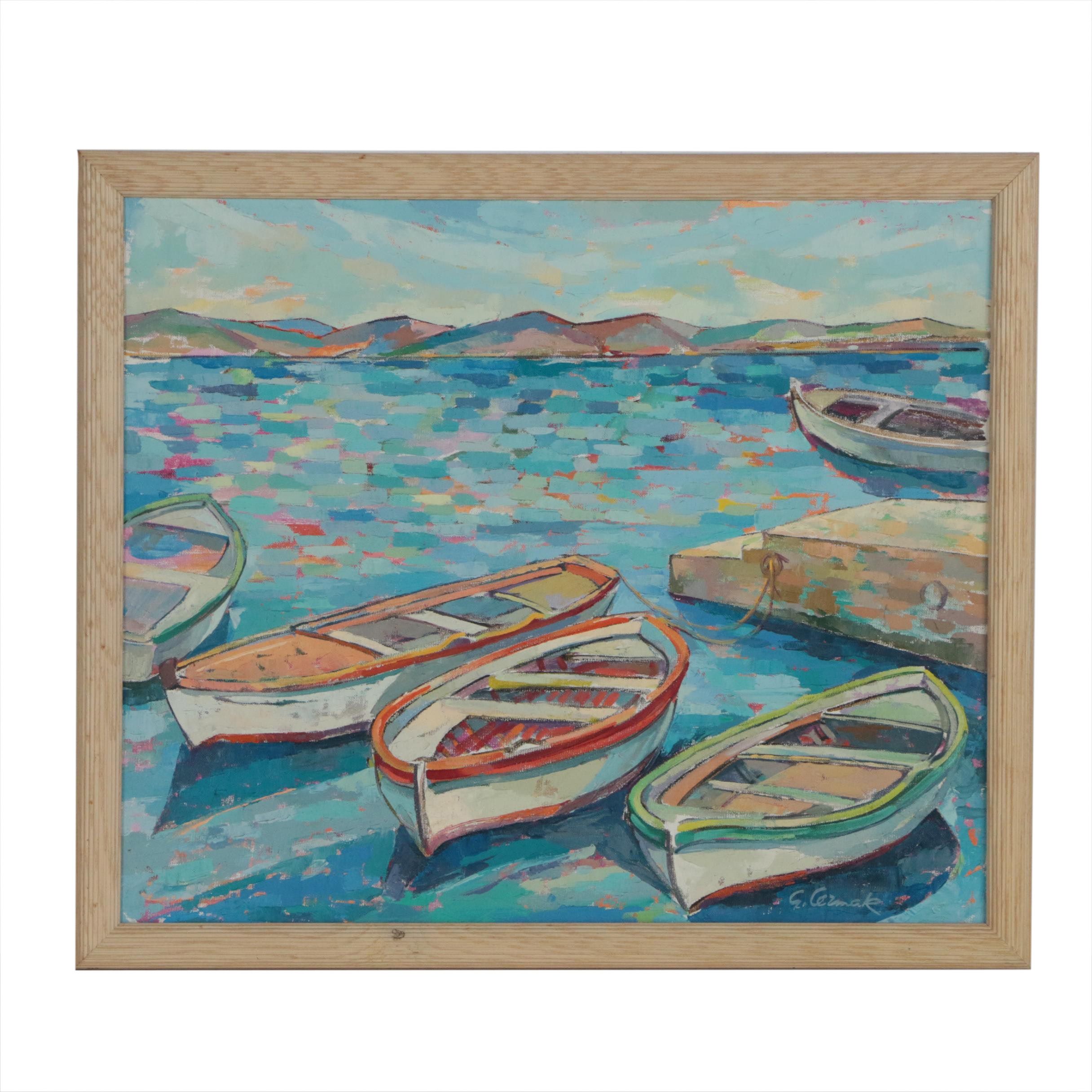 George Cermak Post-Impressionistic Oil Painting of Moored Rowboats