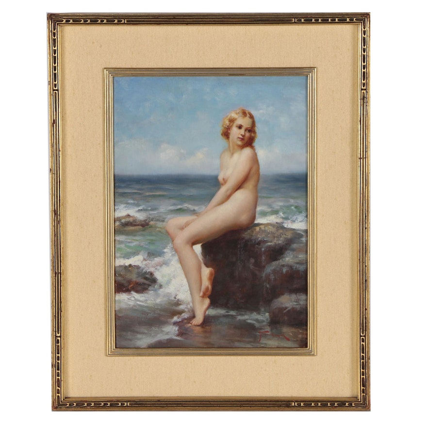 Joseph Tomanek Oil Painting of Seated Female Nude at Rocky Shore