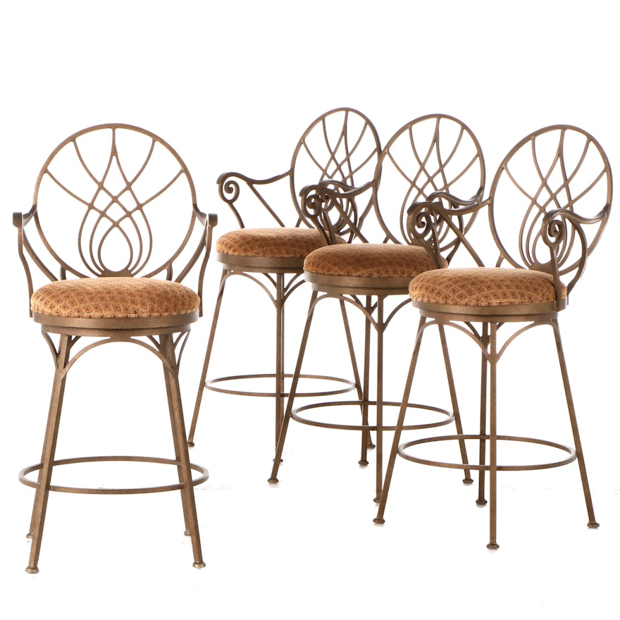 Four Swivel Wrought Metal Bar Stools, Late 20th Century
