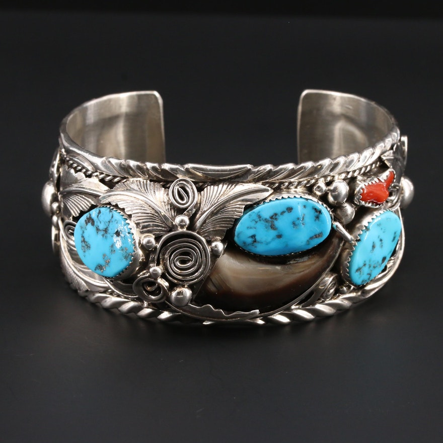 M Thomas Jr Southwestern Sterling Turquoise, Coral and Black Bear Claw Bracelet