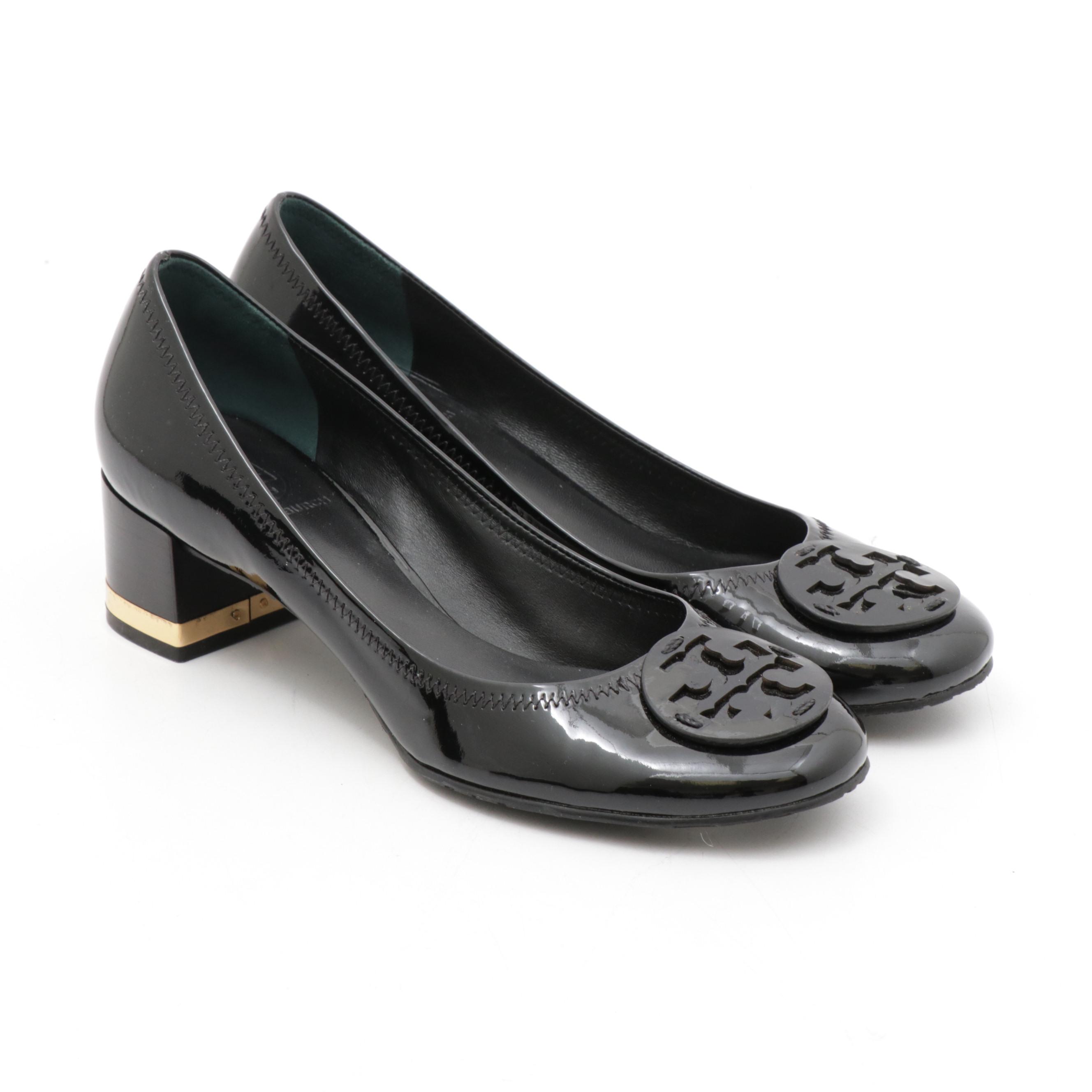Tory Burch Black Patent Leather Amy Pumps with Logo