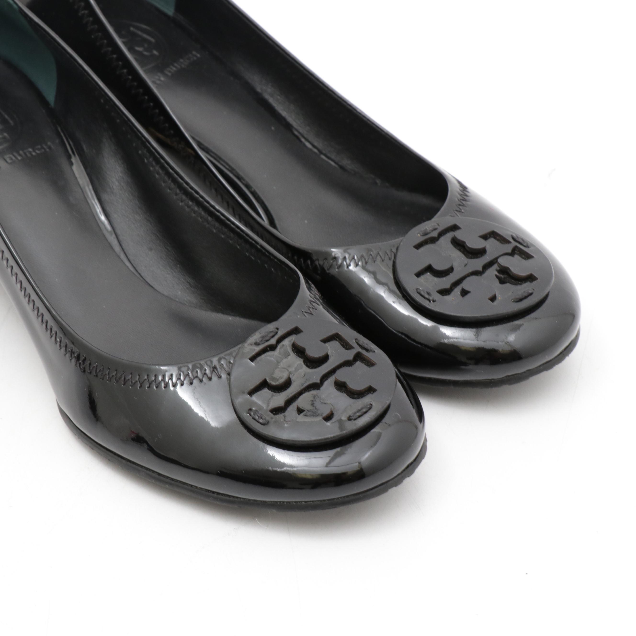 Tory Burch Black Patent Leather Amy Pumps with Logo