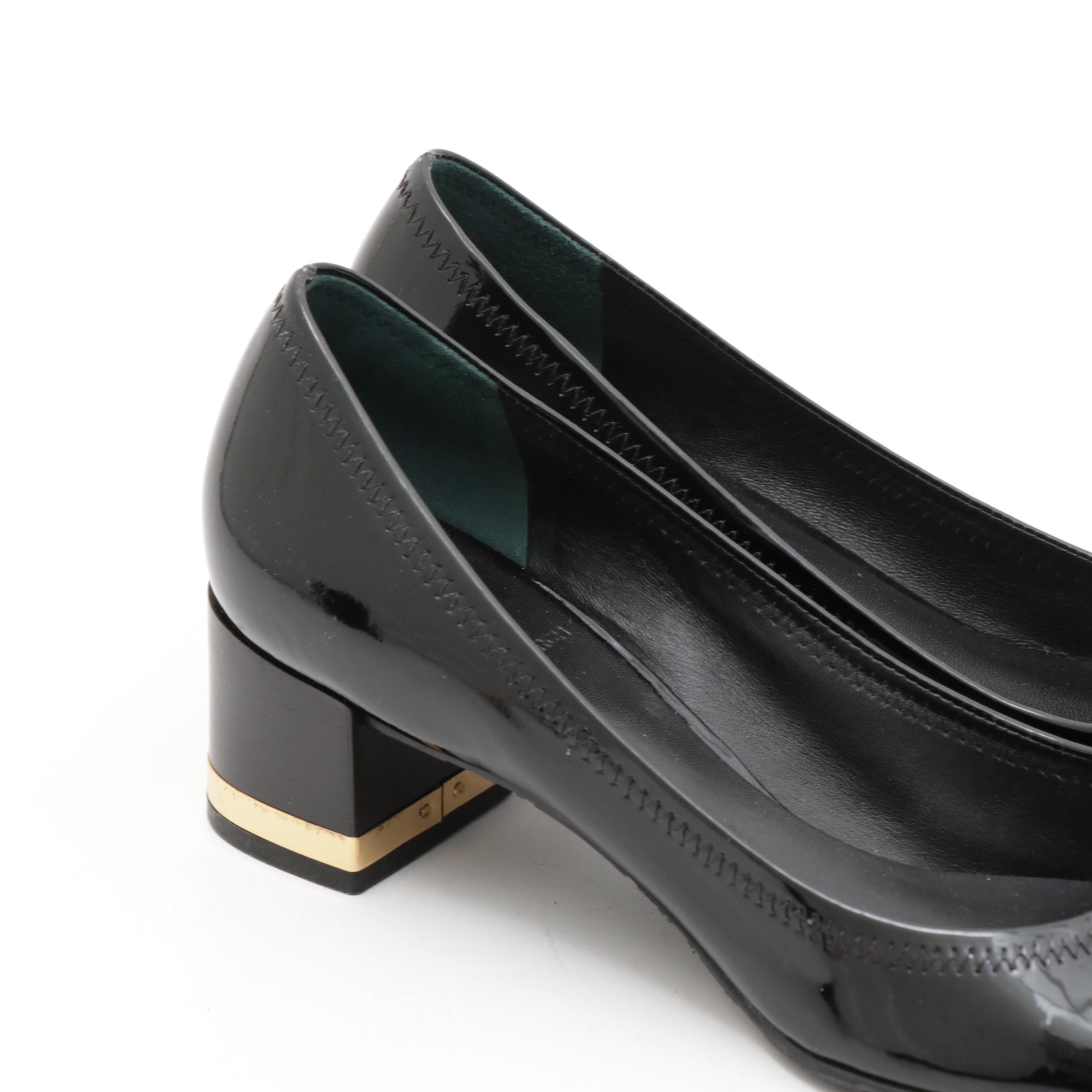 Tory Burch Black Patent Leather Amy Pumps with Logo