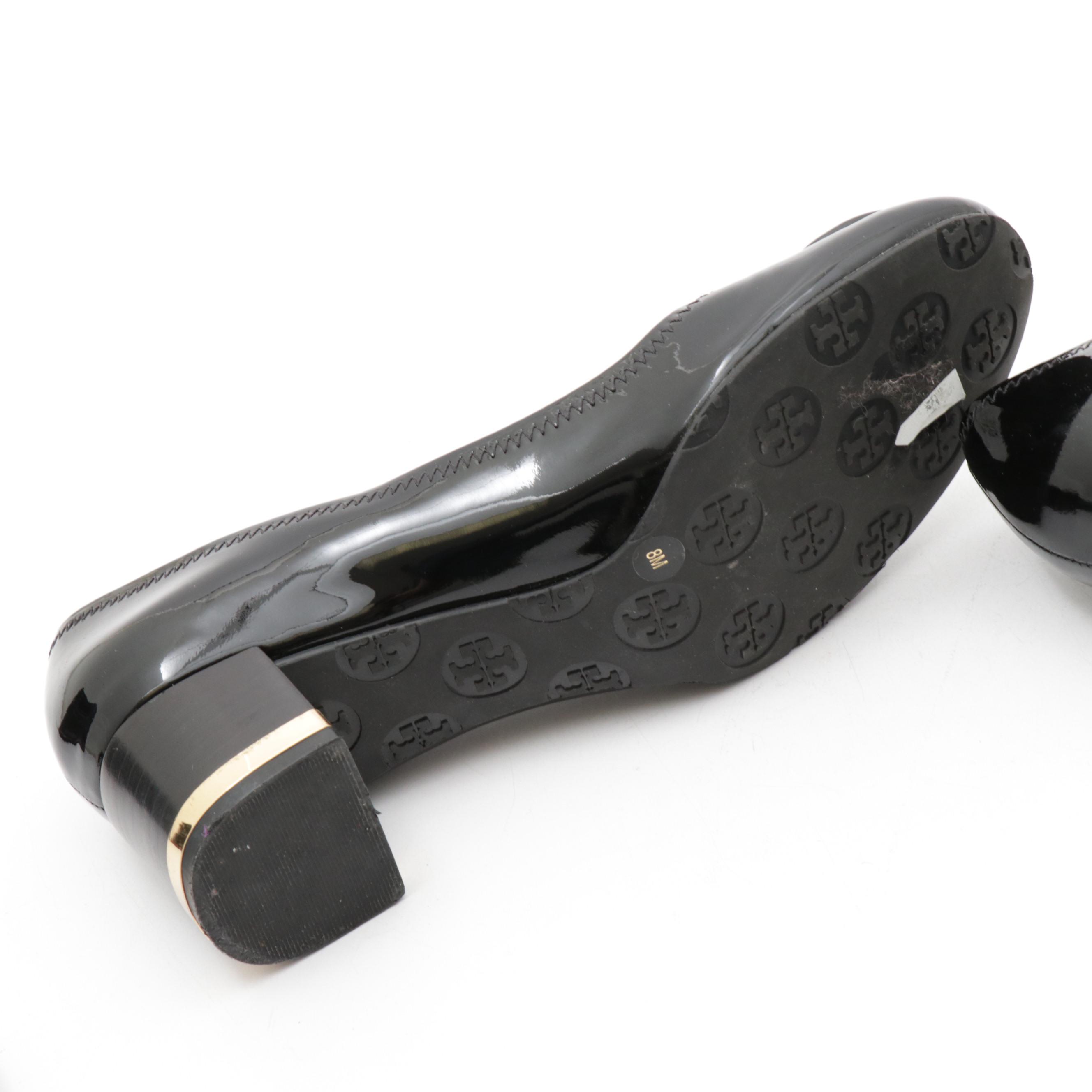 Tory Burch Black Patent Leather Amy Pumps with Logo