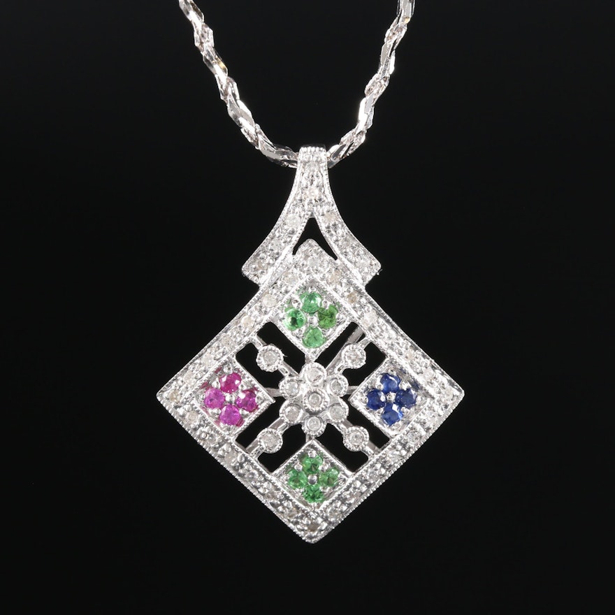 10K White Gold Diamond, Ruby, Sapphire and Tsavorite Pendant With 14K Gold Chain