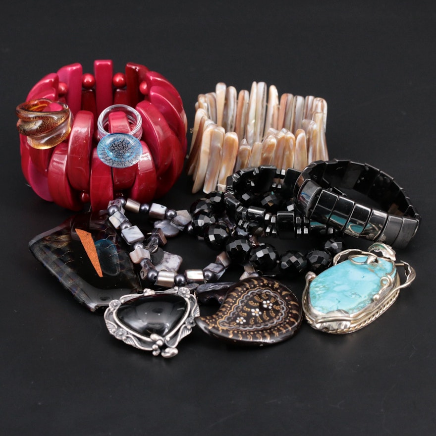 Assorted Jewelry Featuring Obsidian, Mother of Pearl and Turquoise