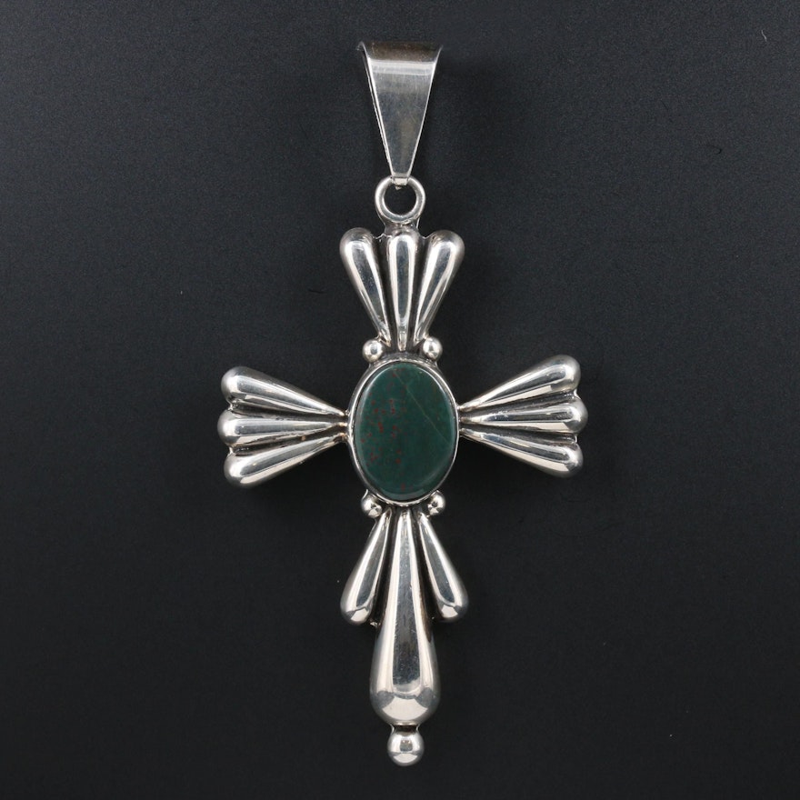 Southwestern Style Sterling Silver and Bloodstone Cross Pendant