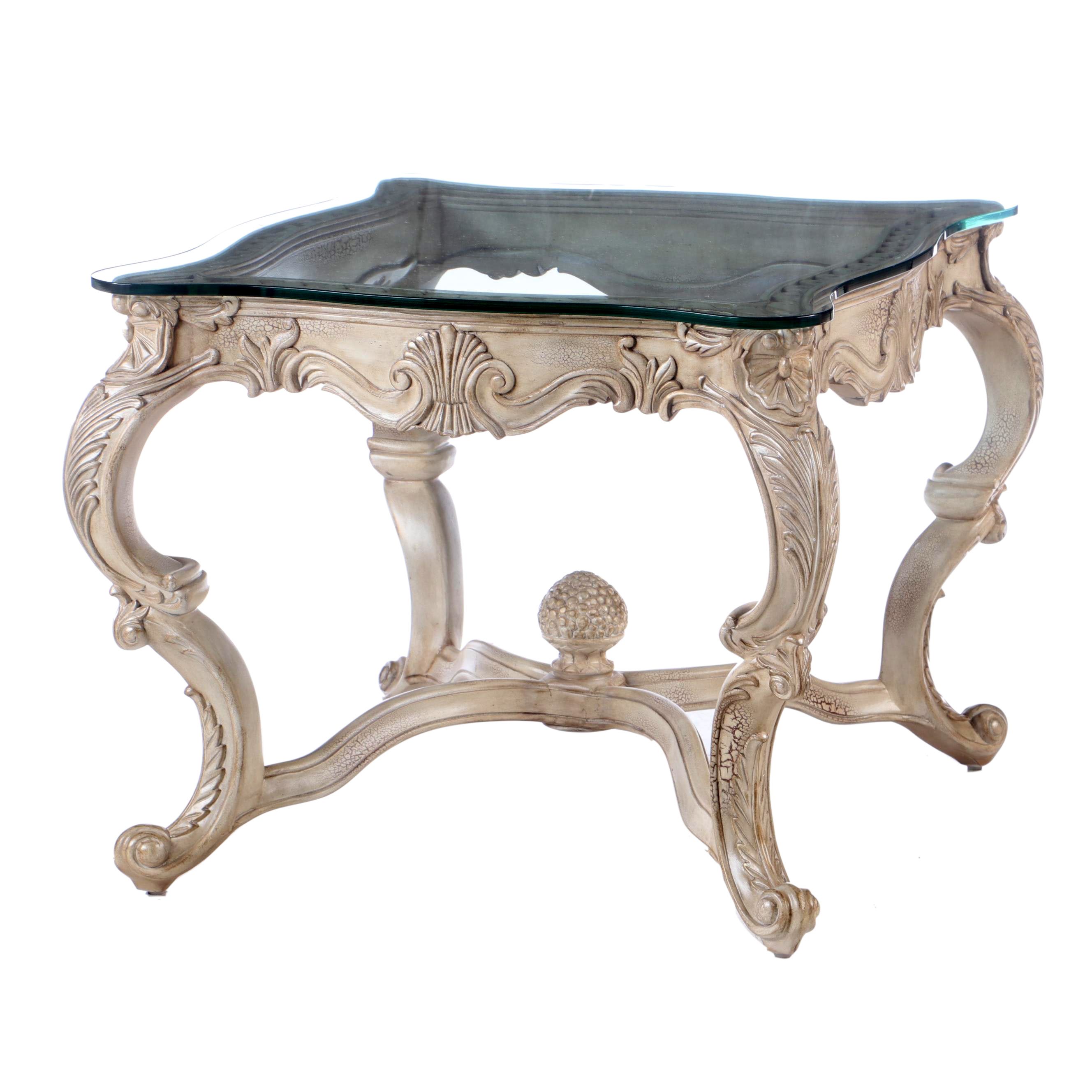 Rococo Style End Table with Glass Top, Contemporary