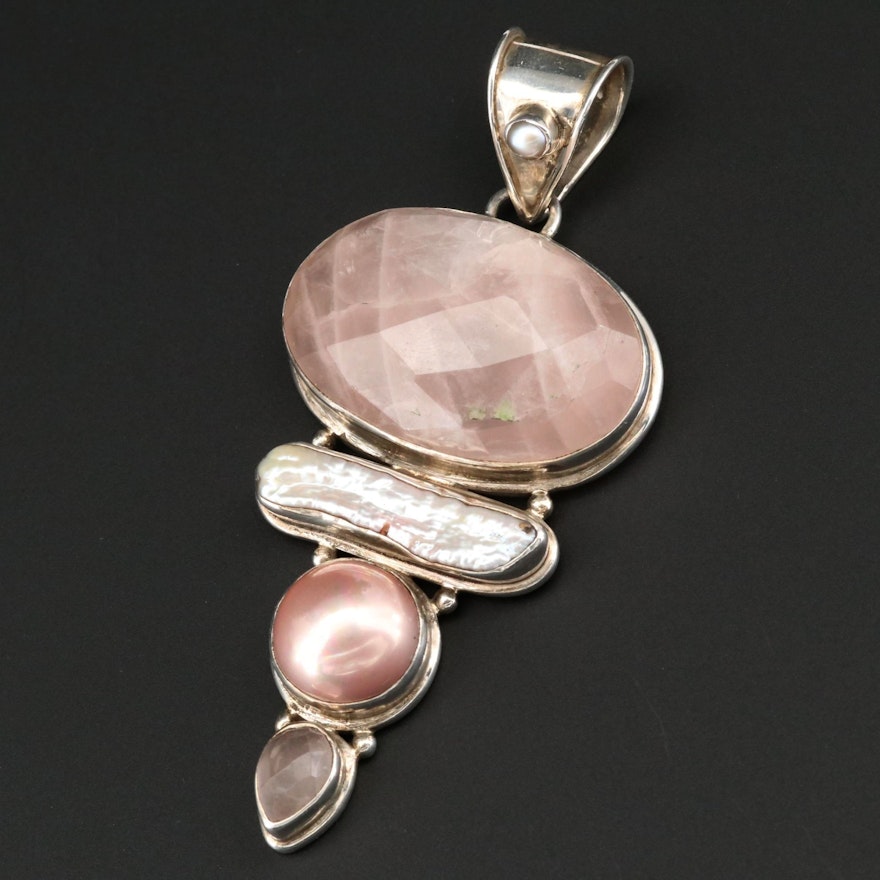 Sterling Silver, Rose Quartz and Cultured Pearl, Slide Pendant