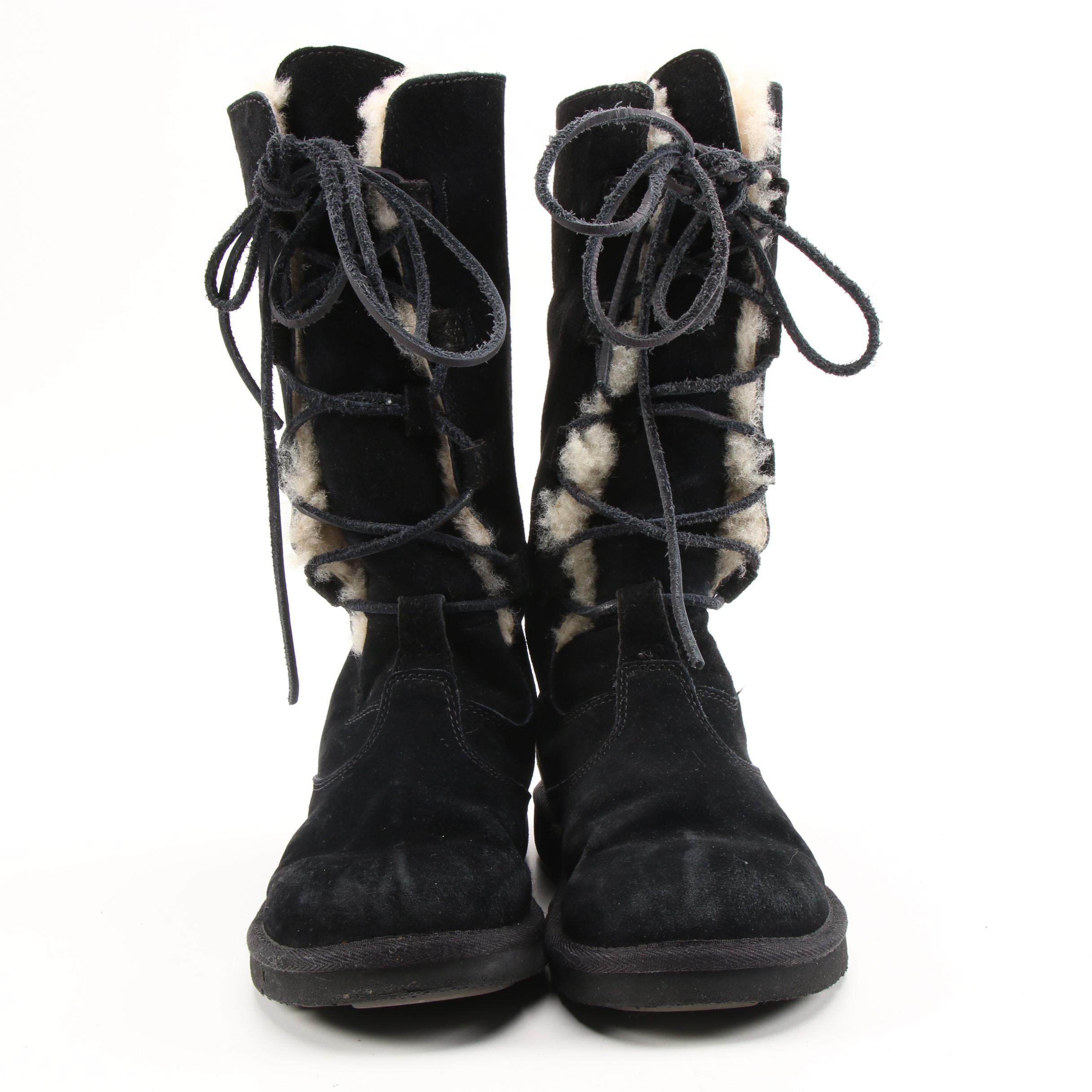 UGG Australia Whitley Tall Black Suede and Shearling Lace-Up Boots