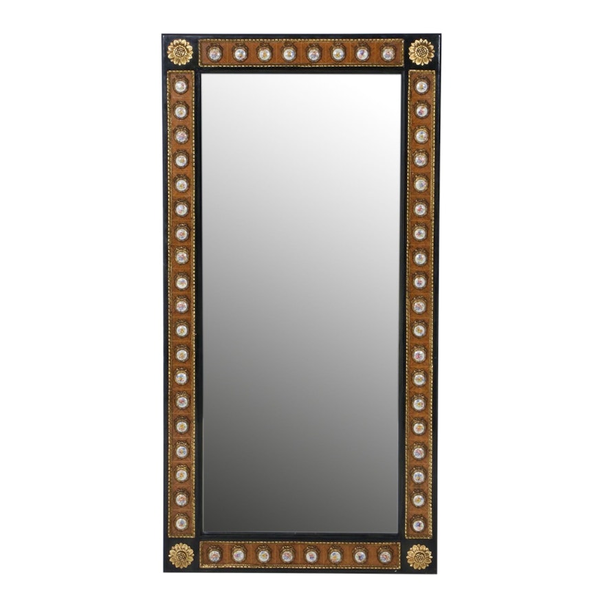 French Wood and Gesso Wall Mirror with Hand-Painted Floral Ceramic Accents