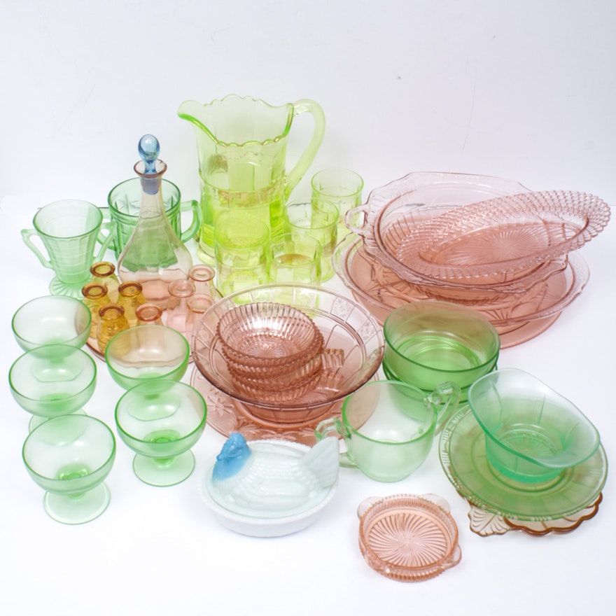 Pink, Green and Other Depression Glass Serveware, Early to Mid-20th Century