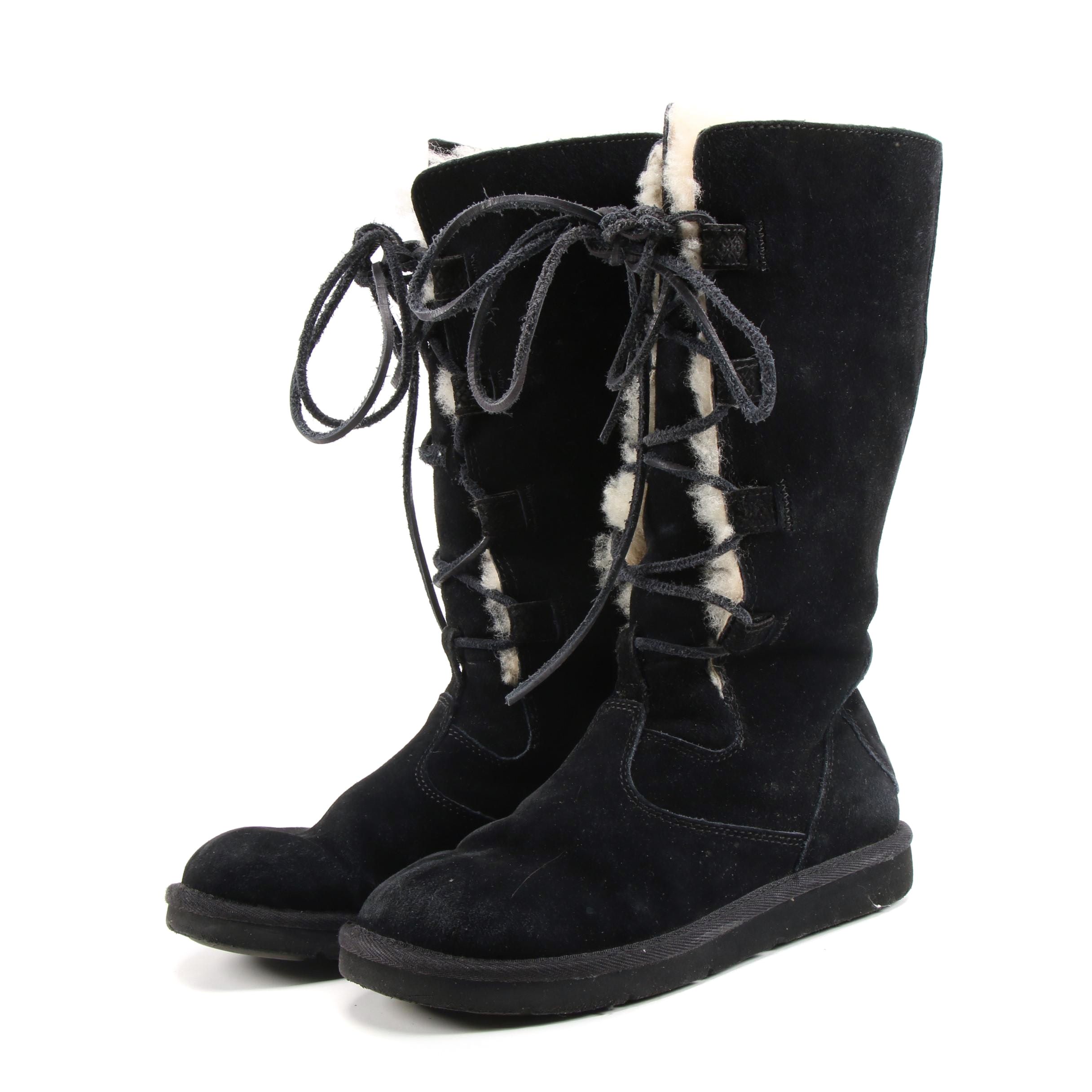 UGG Australia Whitley Tall Black Suede and Shearling Lace-Up Boots