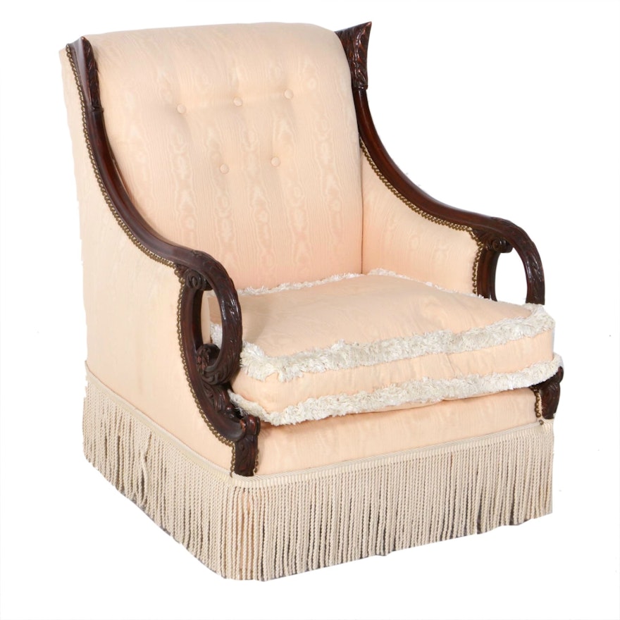 Pale Pink Upholstered Carved Wooden Frame Armchair, Mid-20th Century