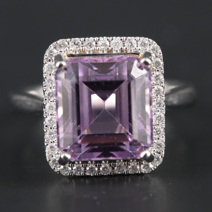 14K White Gold Kunzite and Diamond Ring