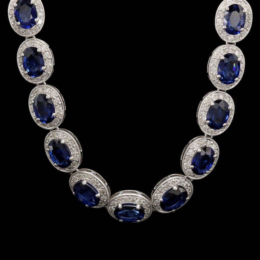 14K White Gold Blue Sapphire and 6.53 CTW Diamond Necklace