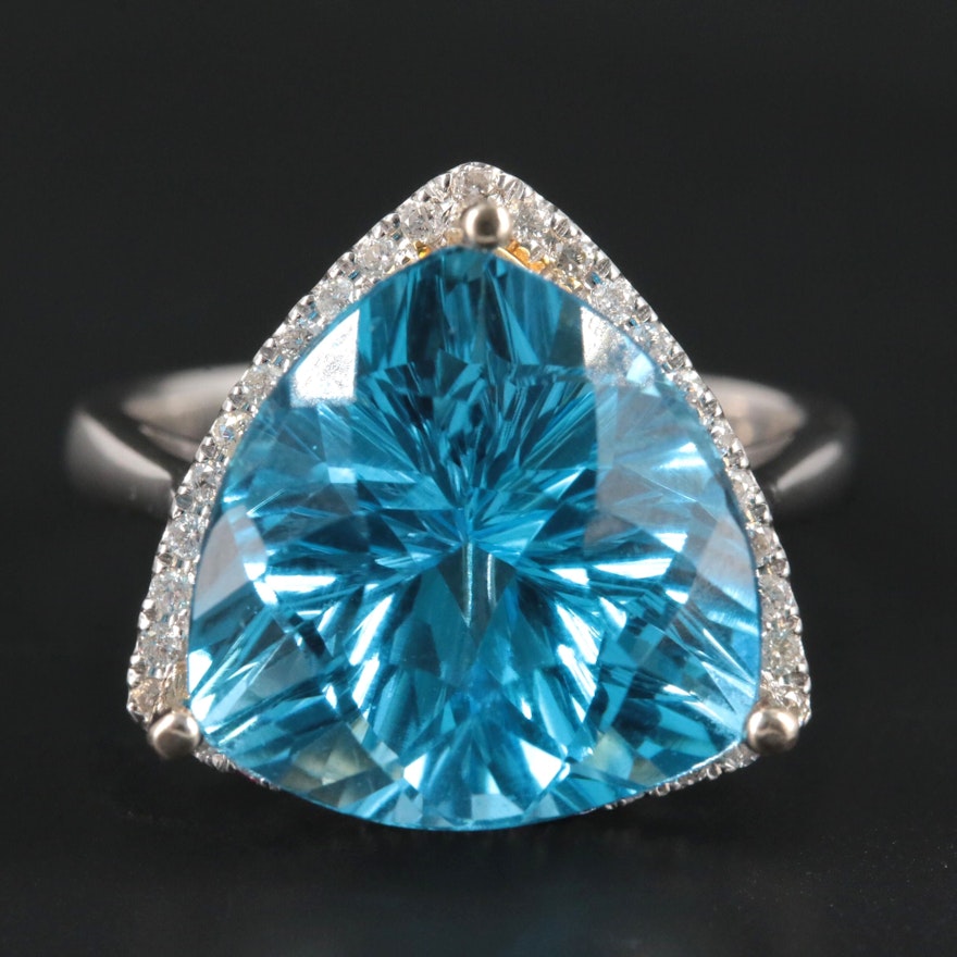 14K White Gold 9.76 CT Blue Topaz and Diamond Ring with Yellow Gold Accents