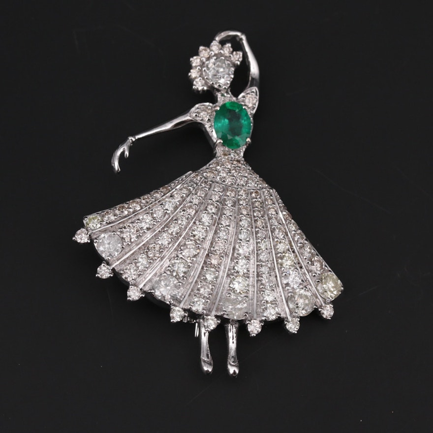 1940s 14K White Gold Emerald and 5.98 CTW Diamond Dancer Brooch