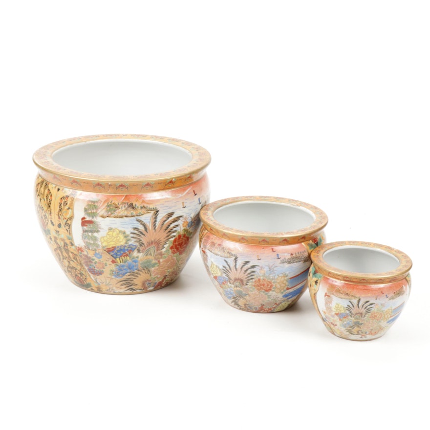 Set of Three Chinese Hand-Decorated Moriage Porcelain Fish Bowl Planters