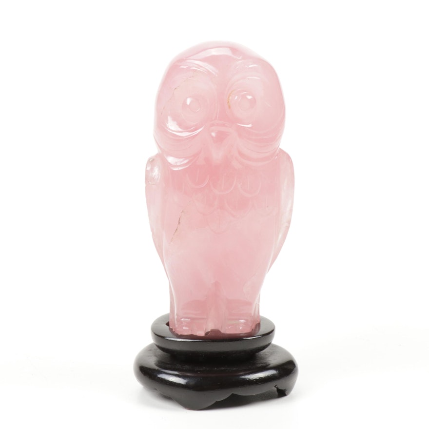 Chinese Carved Rose Quartz Owl Sculpture